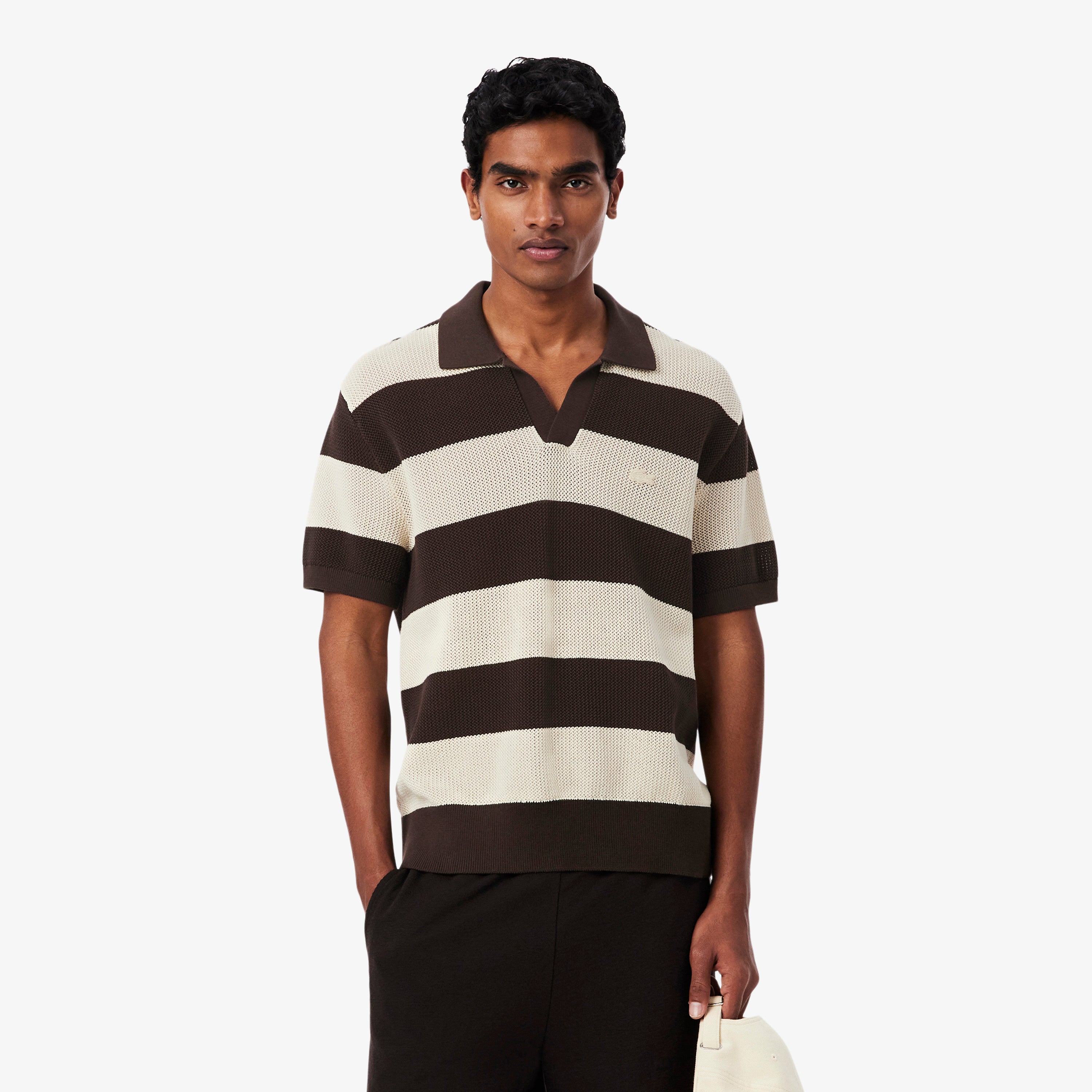 LACOSTE Short Sleeved Striped Polo Collar Sweater