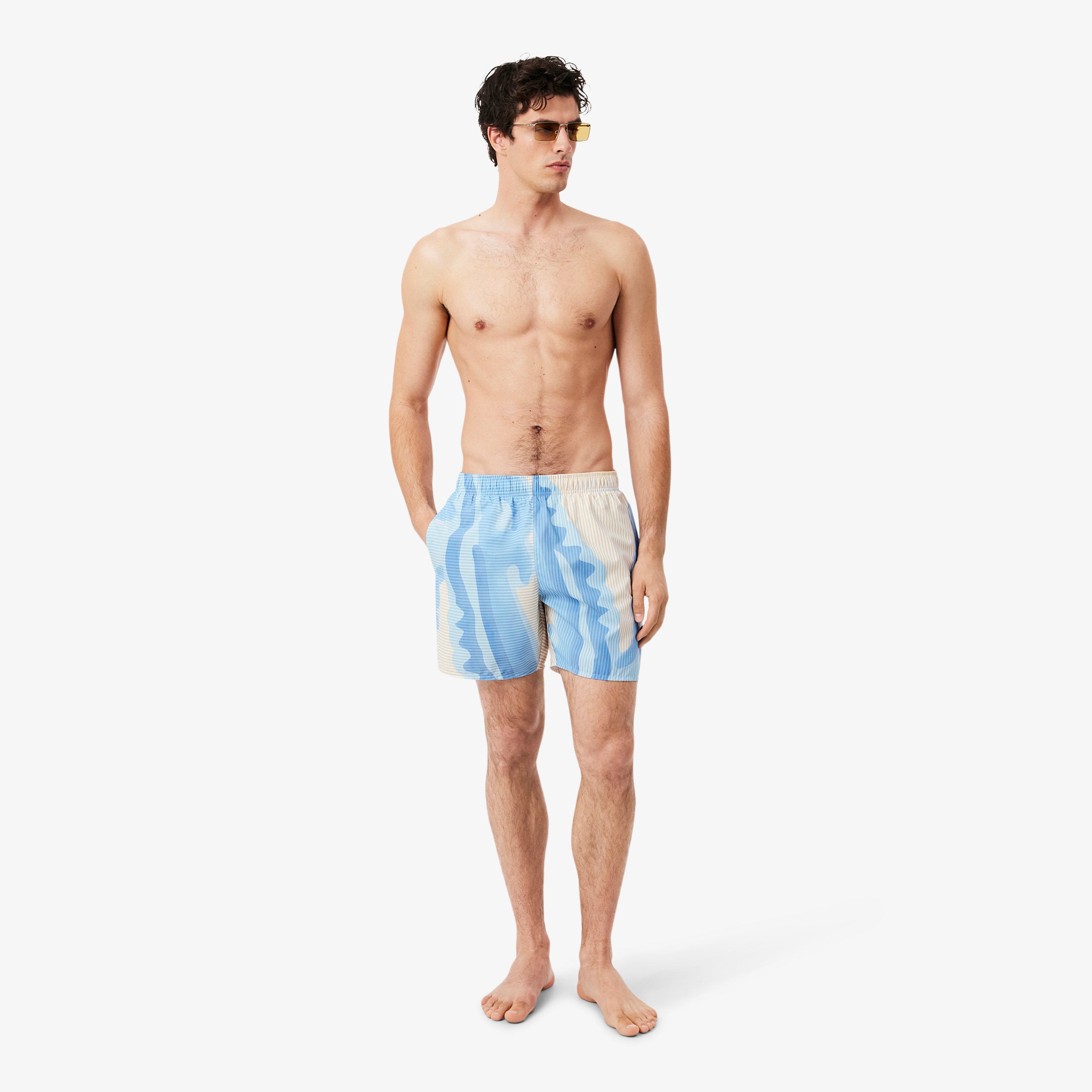LACOSTE Mid Length Striped Swim Trunks