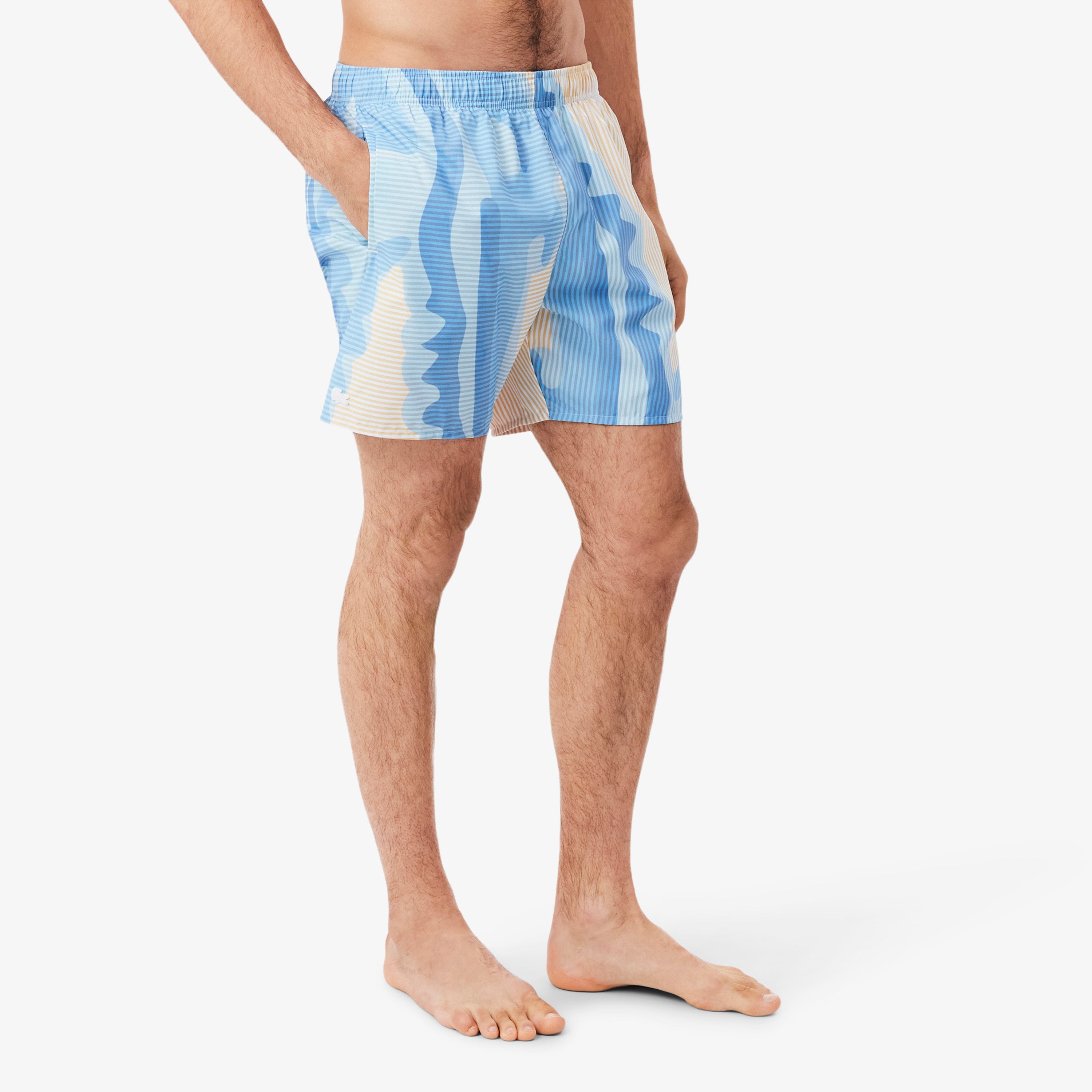 LACOSTE Mid Length Striped Swim Trunks