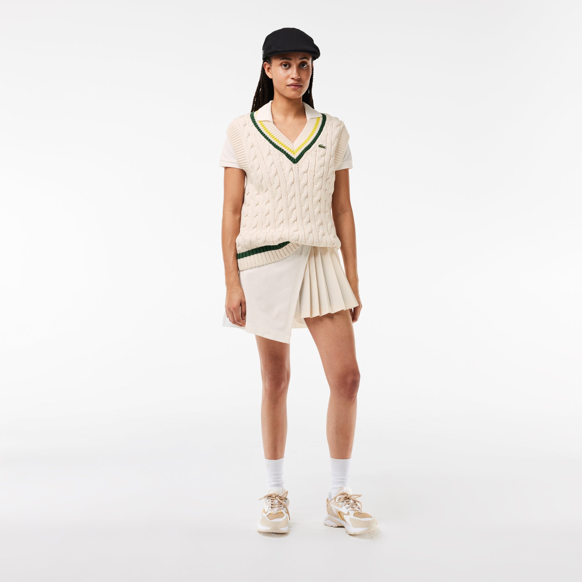 Lacoste Women's Sleeveless Cable Knit Cotton V-neck Sweater