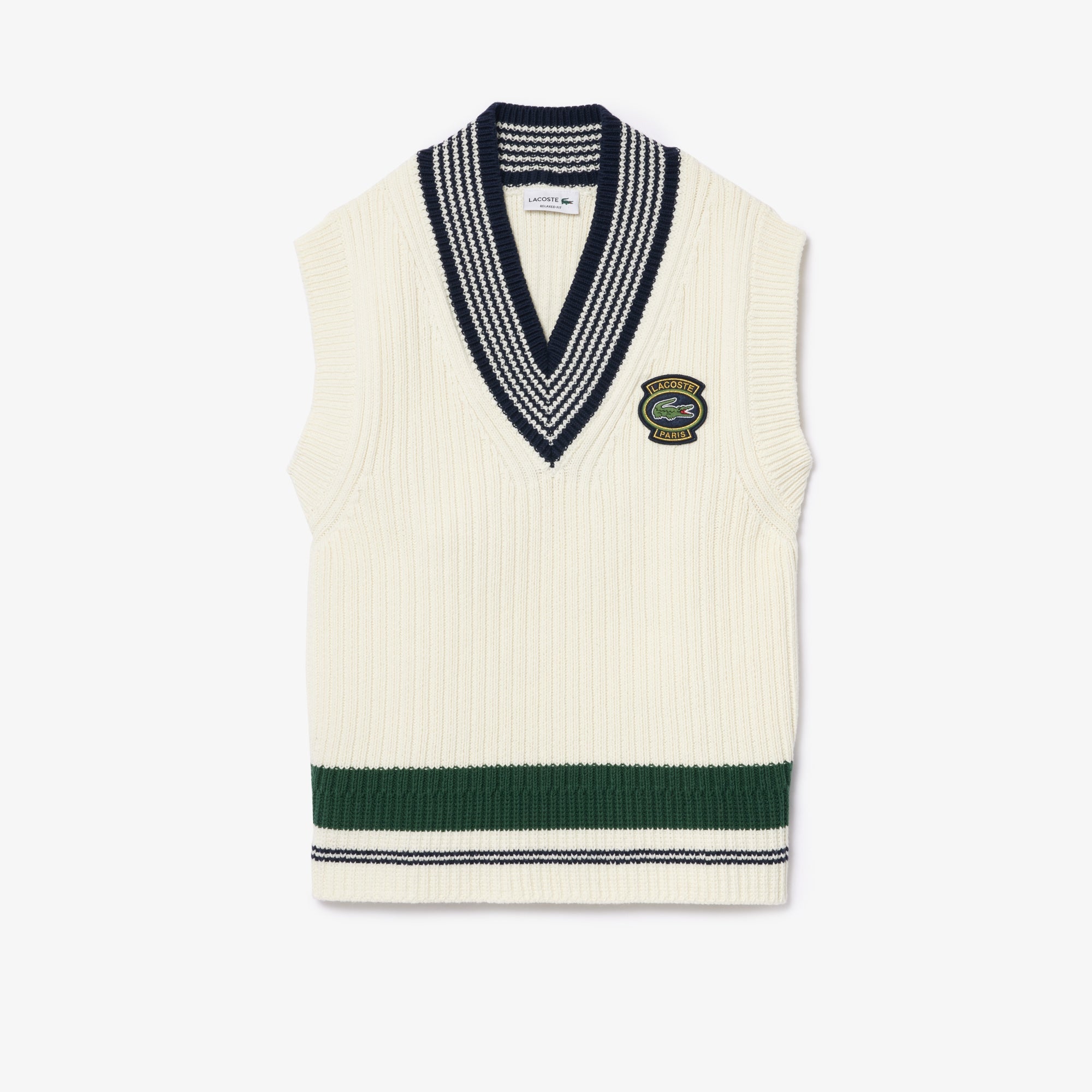Unisex Heavy Knit Badge Tennis Sweater - 3-S / 1QV-White/Navy Blue/Green - Lacoste Apparel THE MIX