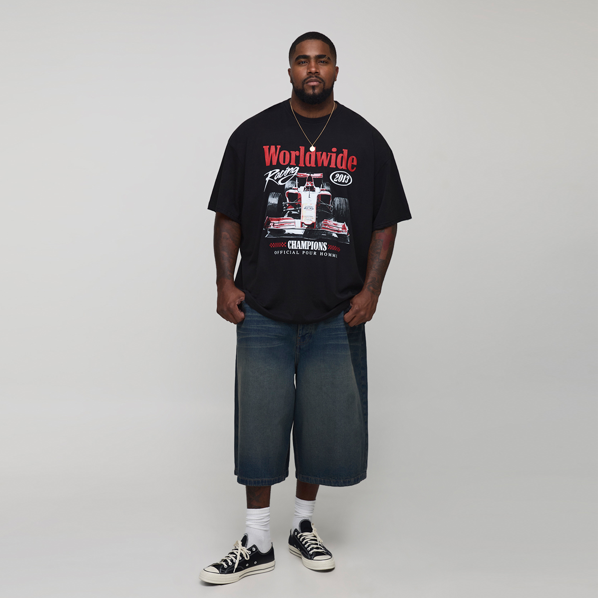 BOOHOOMAN Plus Oversized Worldwide Racing Print T-Shirt