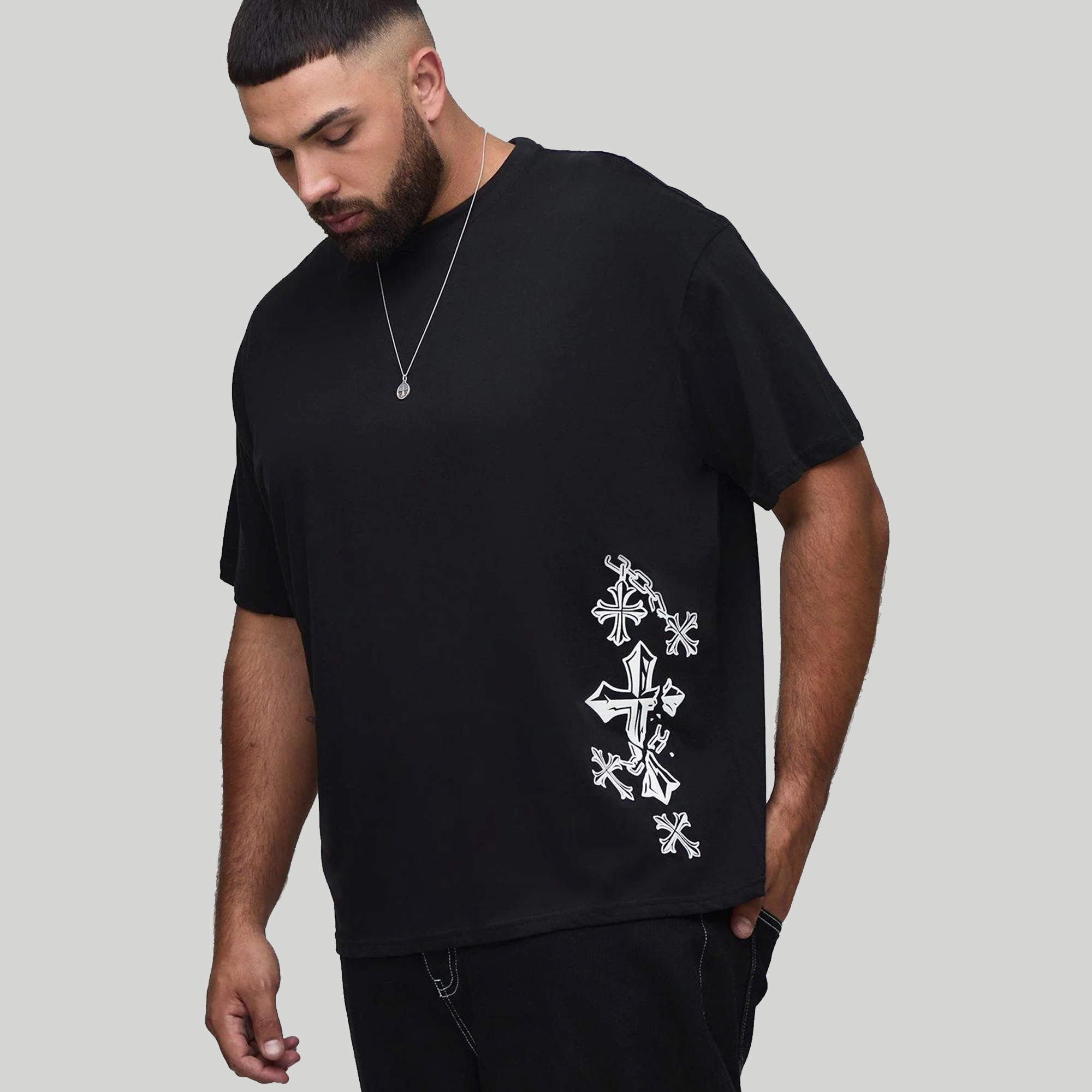 BOOHOOMAN Plus Oversized Washed Cross Puff Print T-Shirt