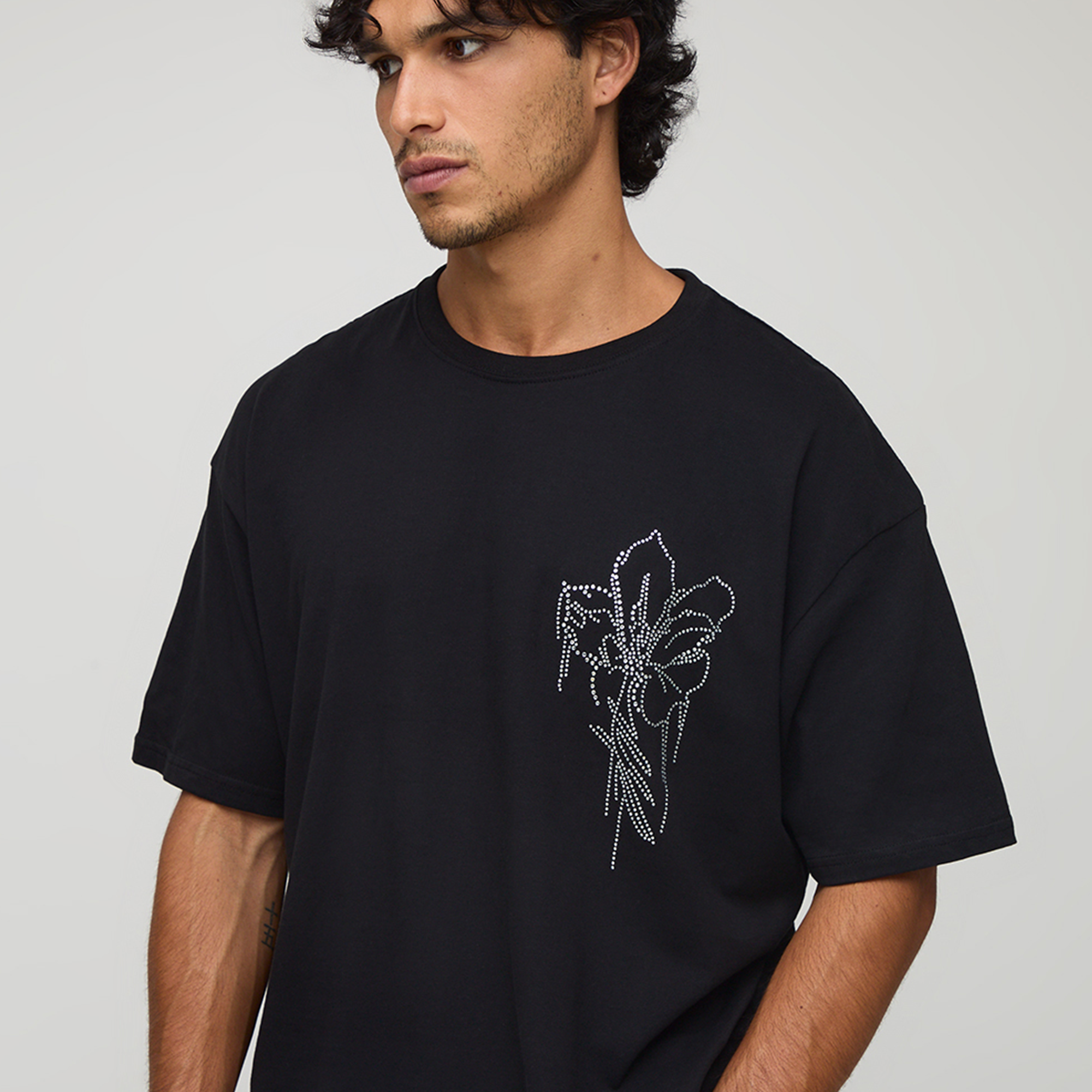 BOOHOOMAN Black Oversized Floral Rhinestone T-Shirt