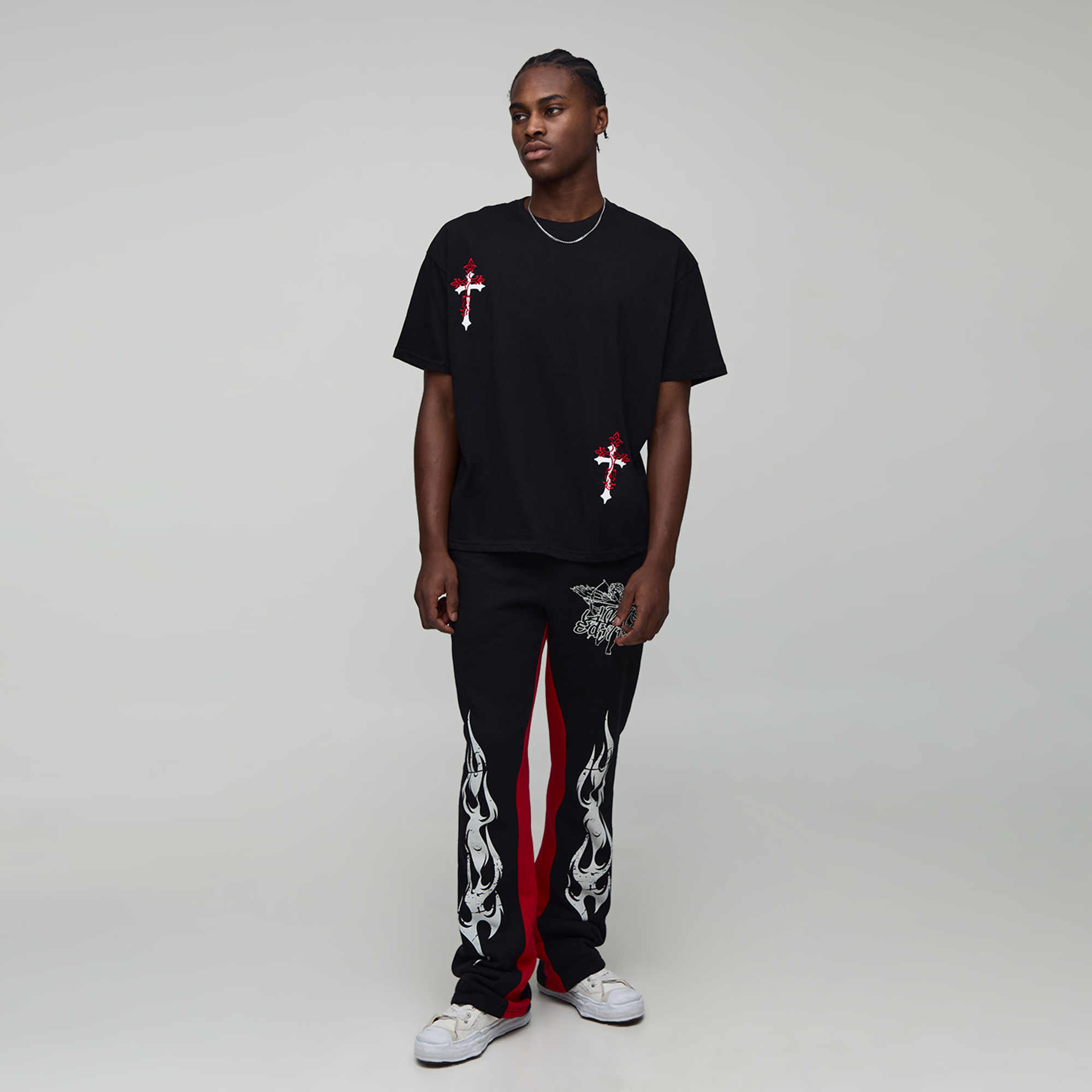 BOOHOOMAN Black Oversized Cross Embroidered Puff Print T-Shirt