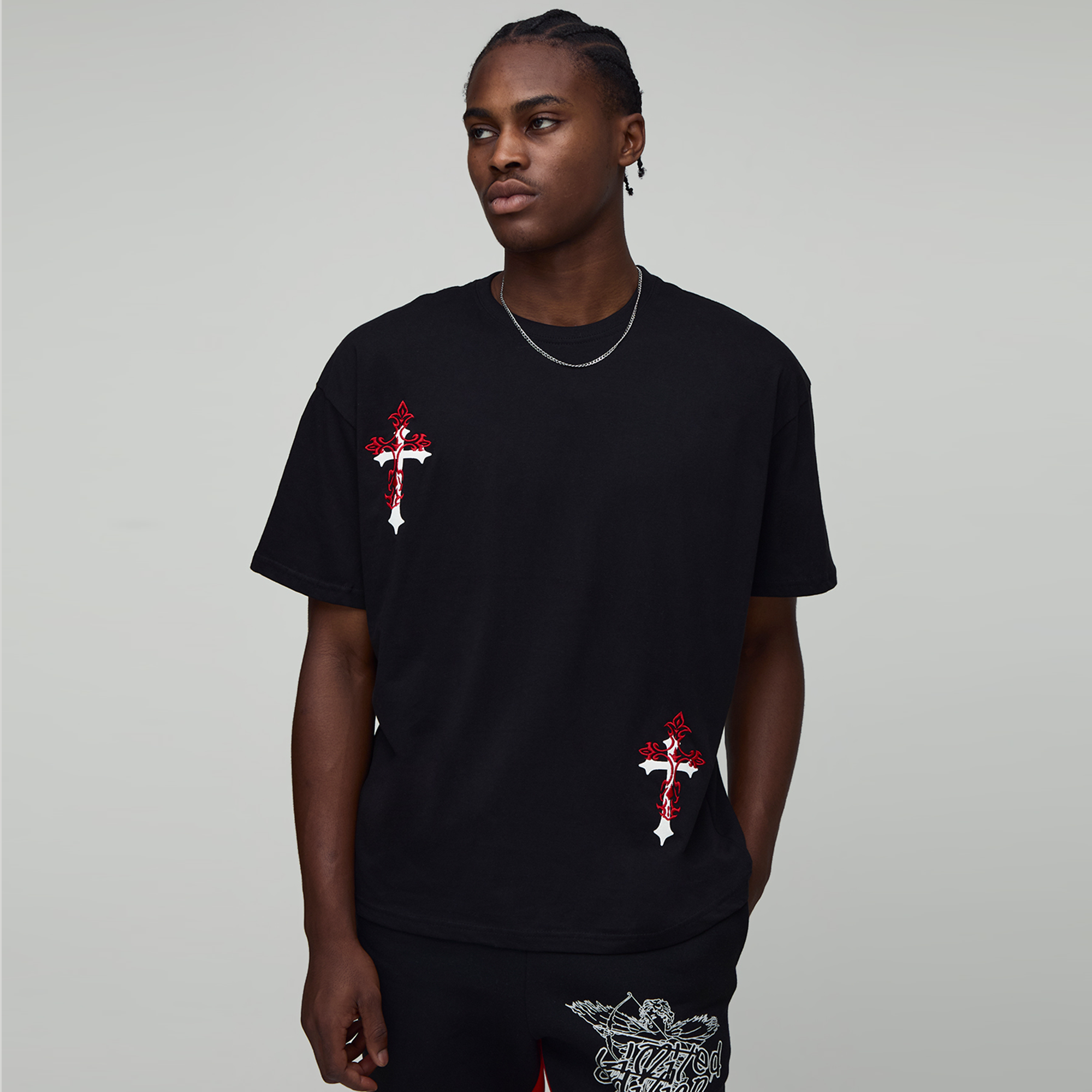 BOOHOOMAN Black Oversized Cross Embroidered Puff Print T-Shirt