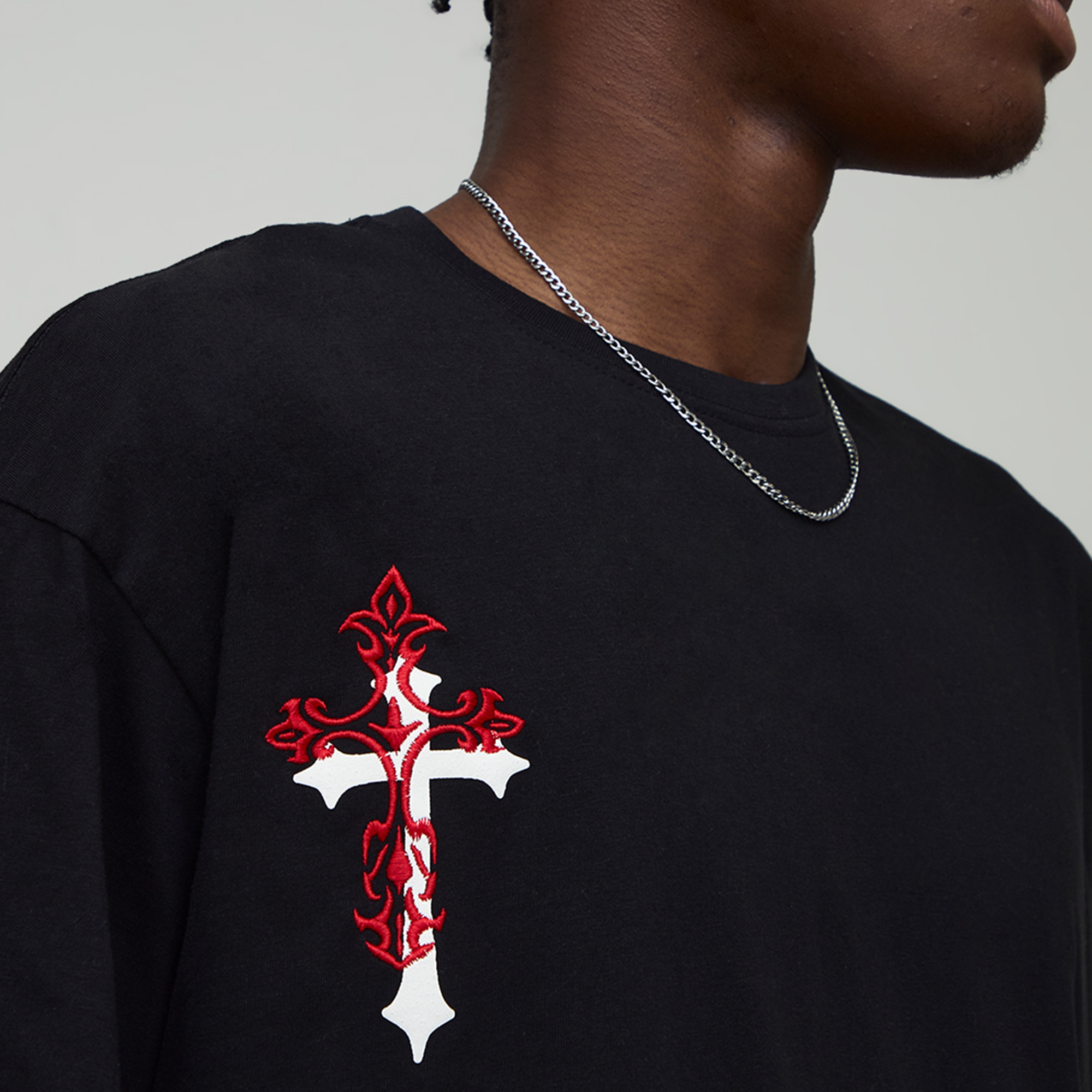 BOOHOOMAN Black Oversized Cross Embroidered Puff Print T-Shirt