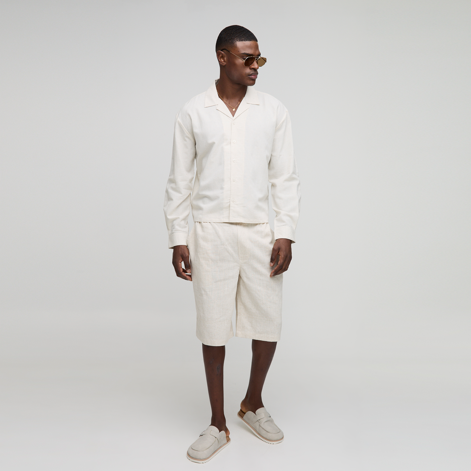 BOOHOOMAN Oversized Boxy Drop Revere Linen Blend Shirt