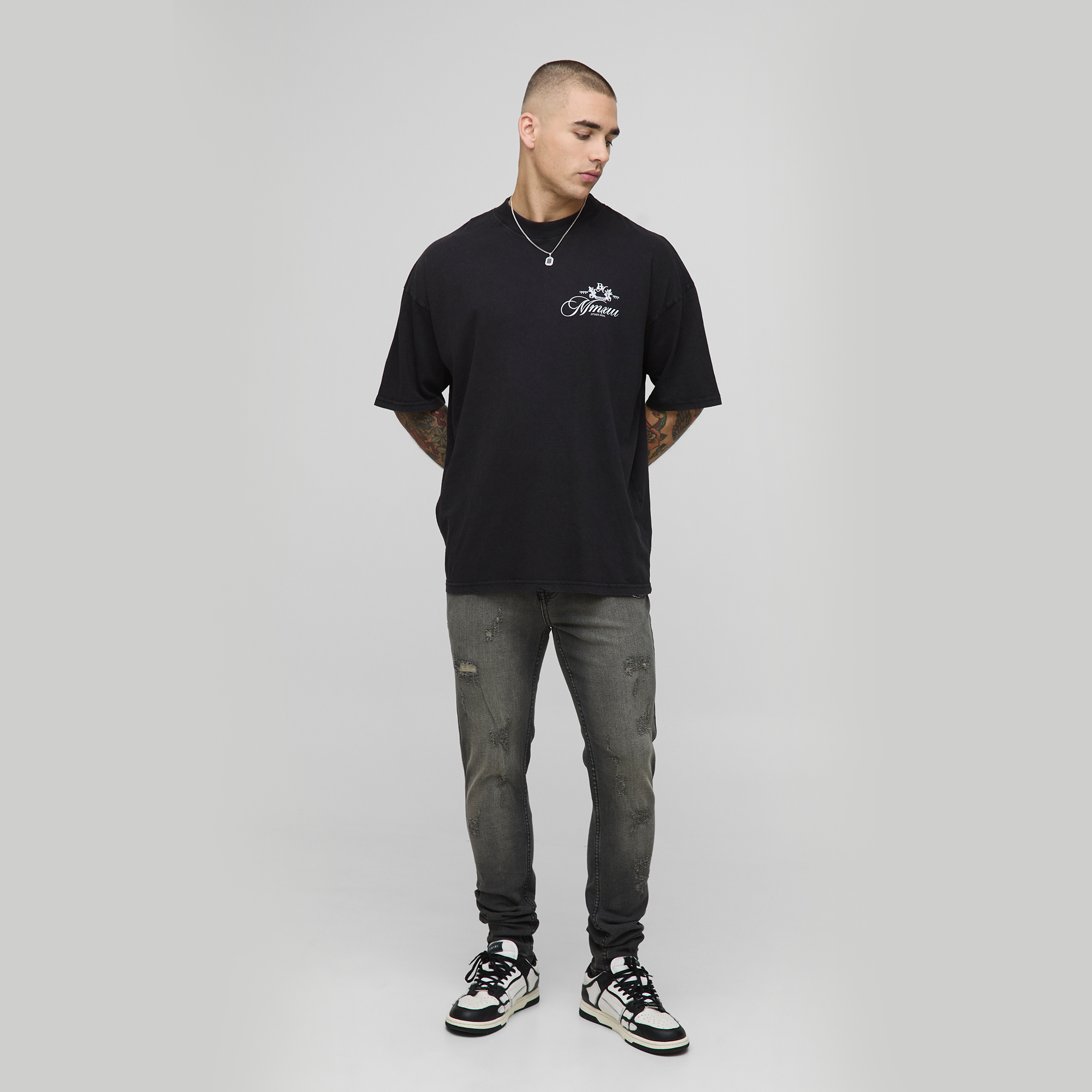BOOHOOMAN Black Oversized Extended Neck BM Crest T-Shirt