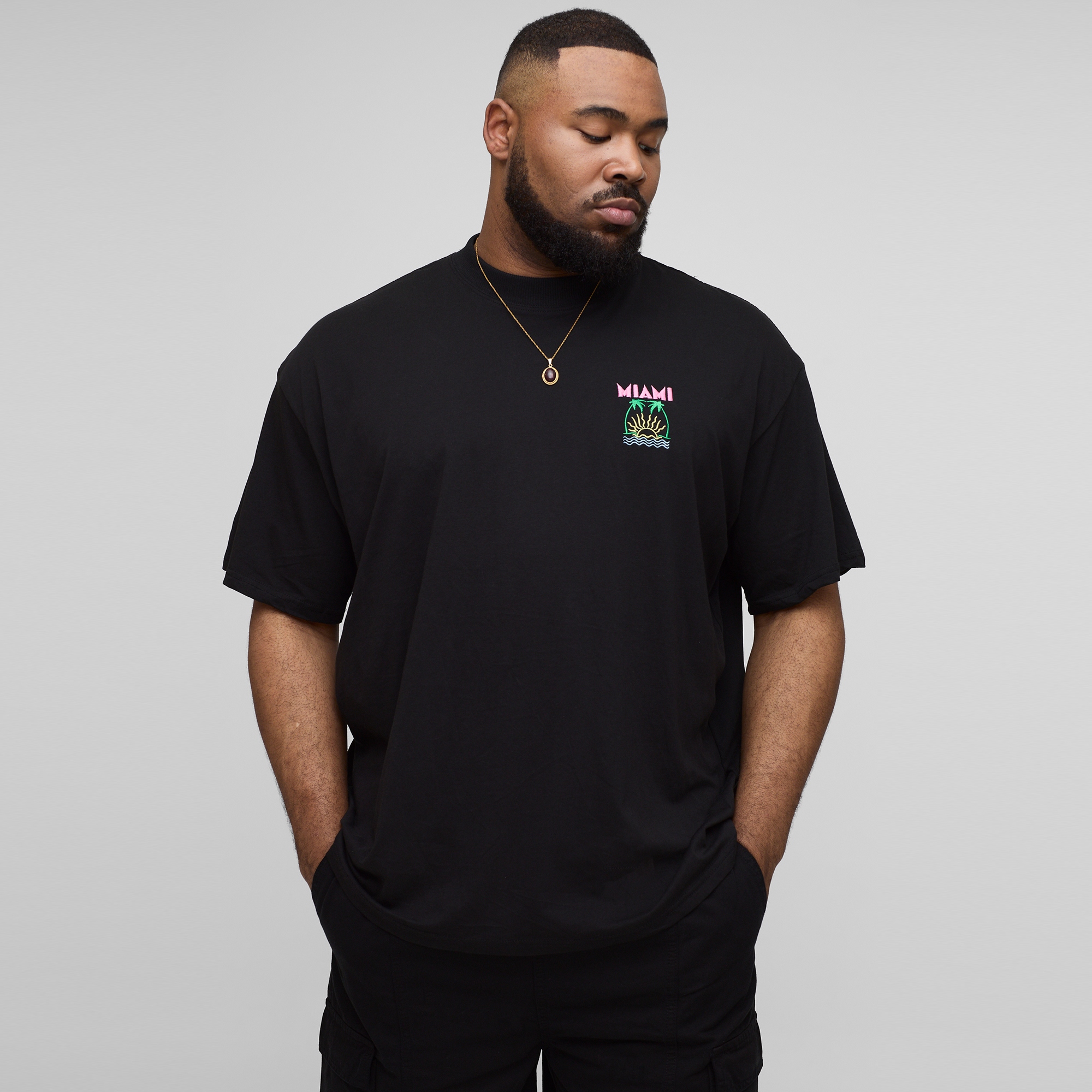 BOOHOOMAN Plus Oversized Extended Neck Embroidered Miami Palm Tree T-Shirt