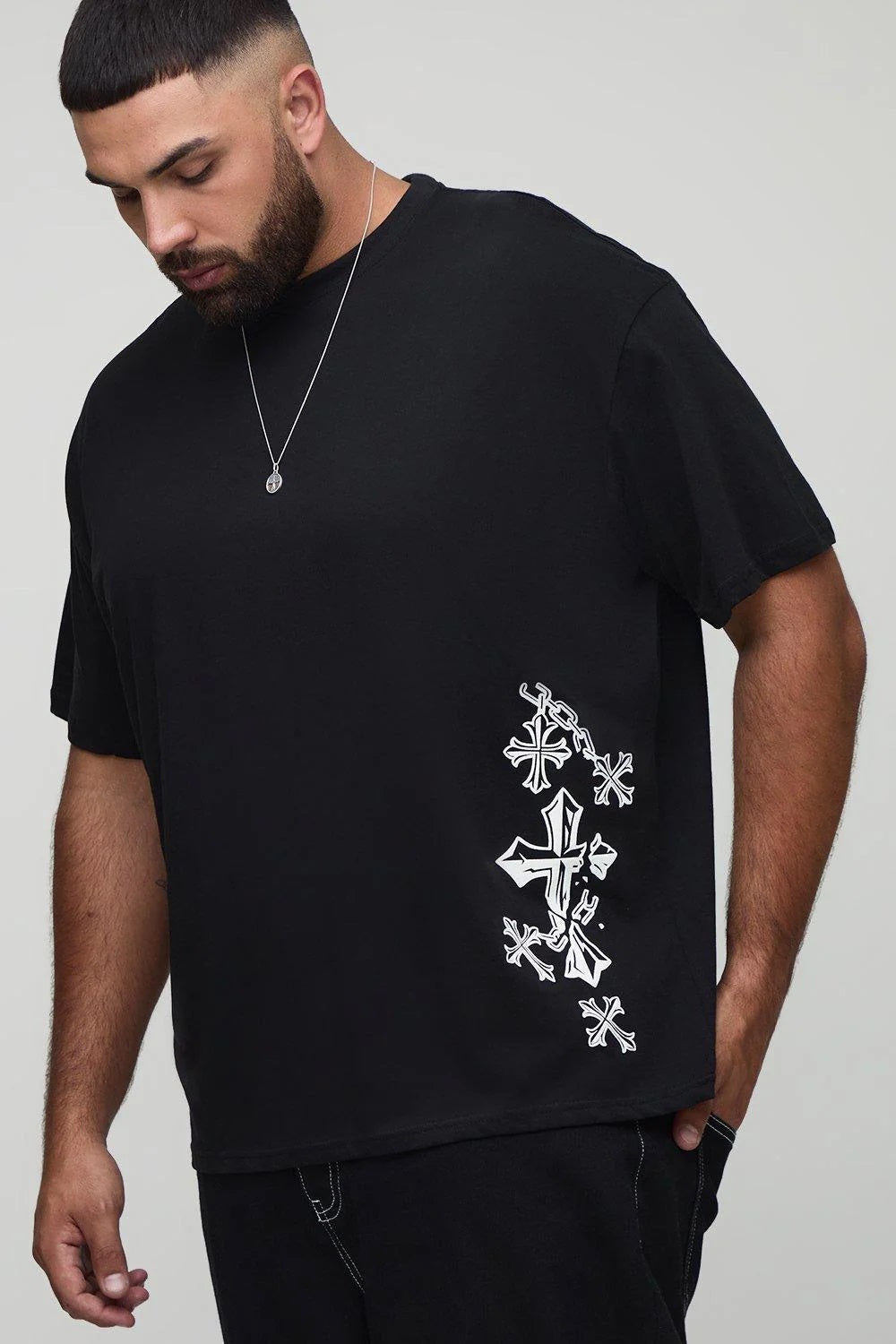 BOOHOOMAN Plus Oversized Washed Cross Puff Print T-Shirt
