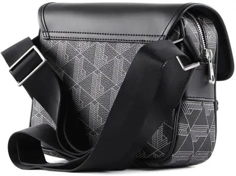 Black and gray patterned crossbody bag with a strap on a white background