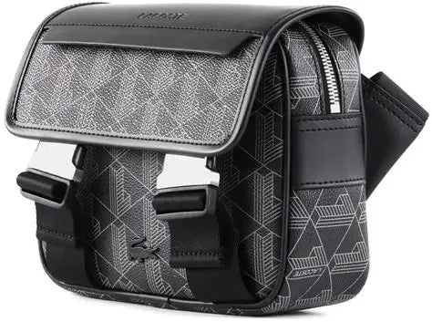 Black and gray patterned bag with visible brand name on a white background