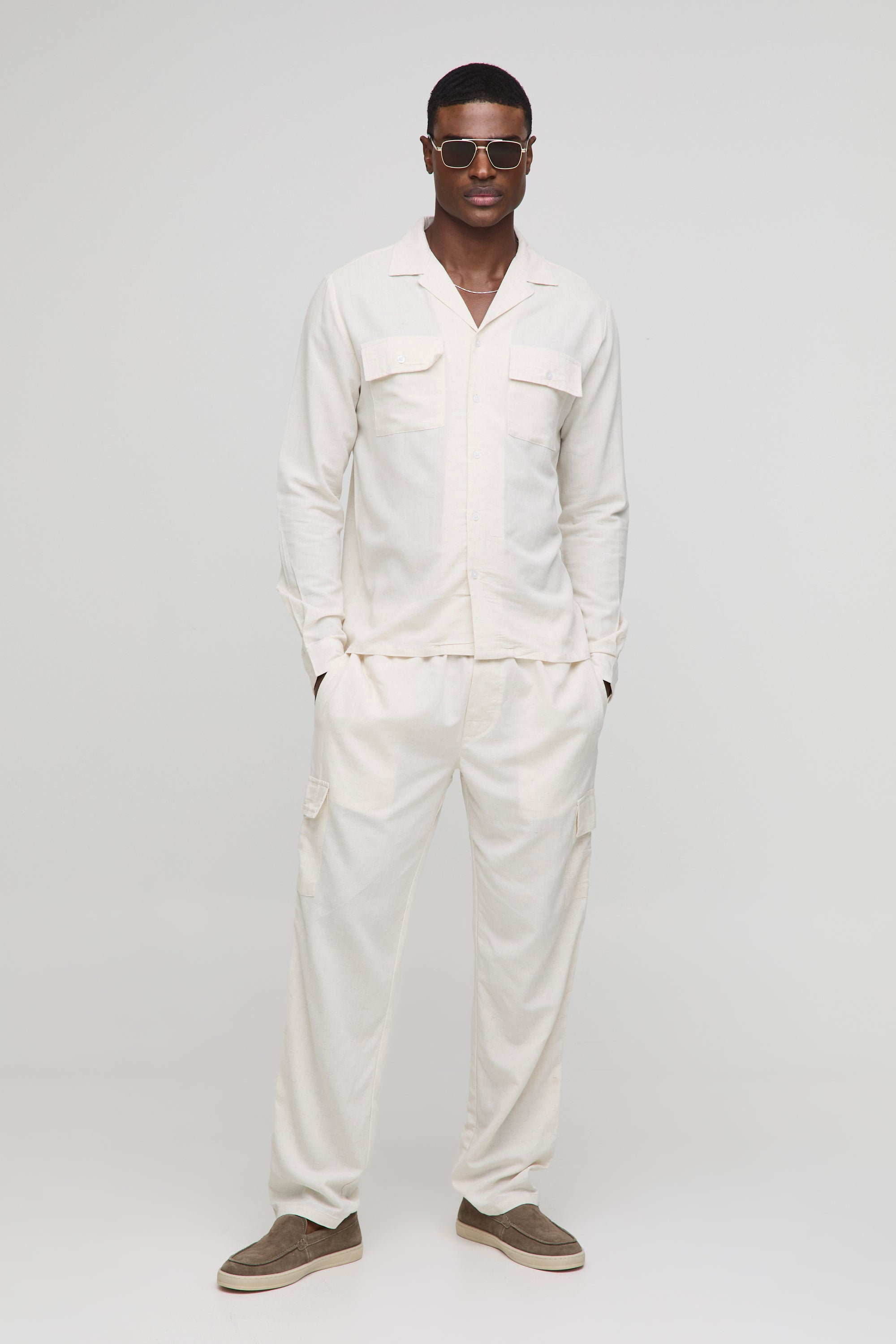 BOOHOOMAN Long Sleeve Linen Blend Cargo Shirt & Trouser