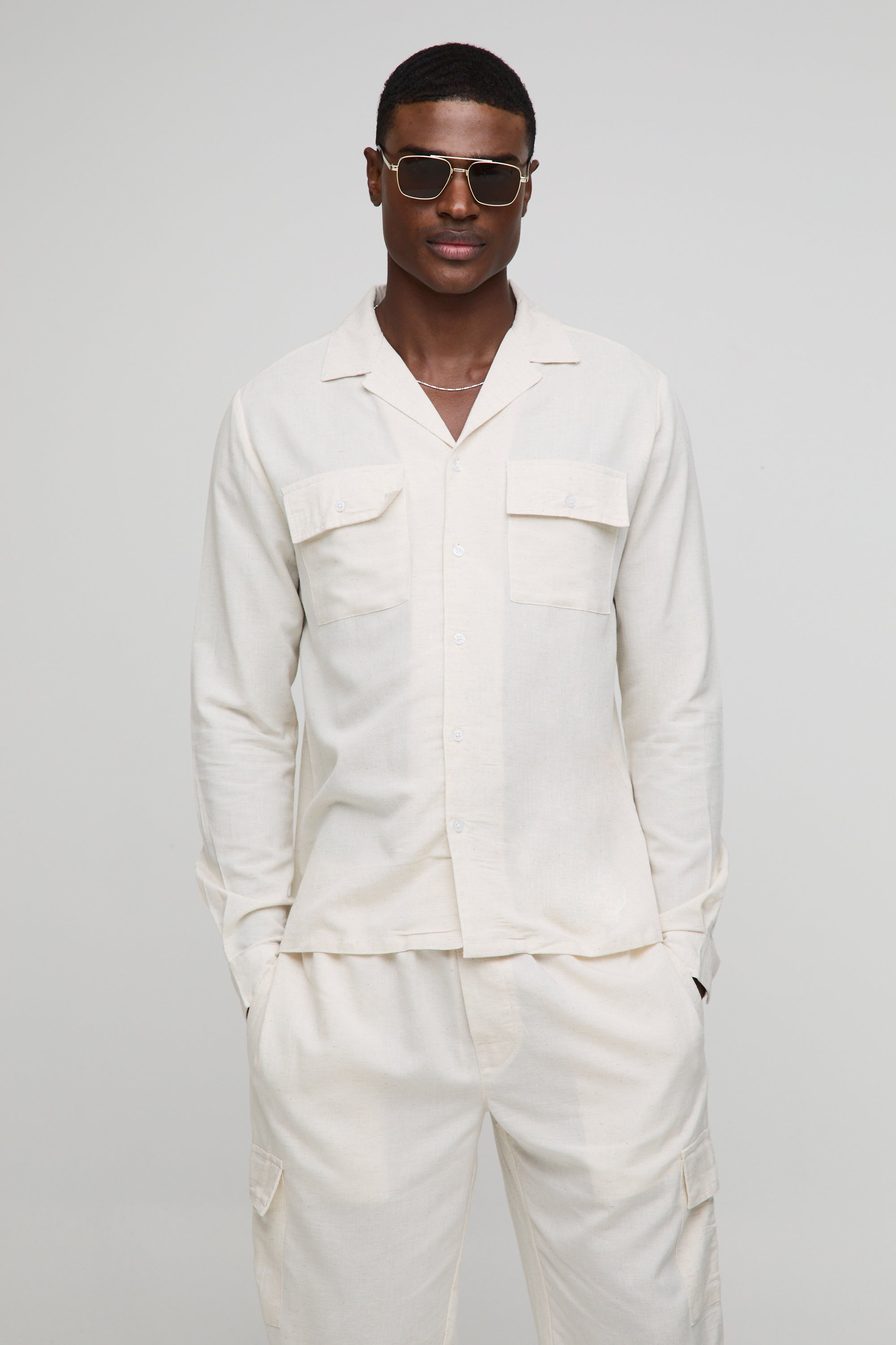 BOOHOOMAN Long Sleeve Linen Blend Cargo Shirt & Trouser