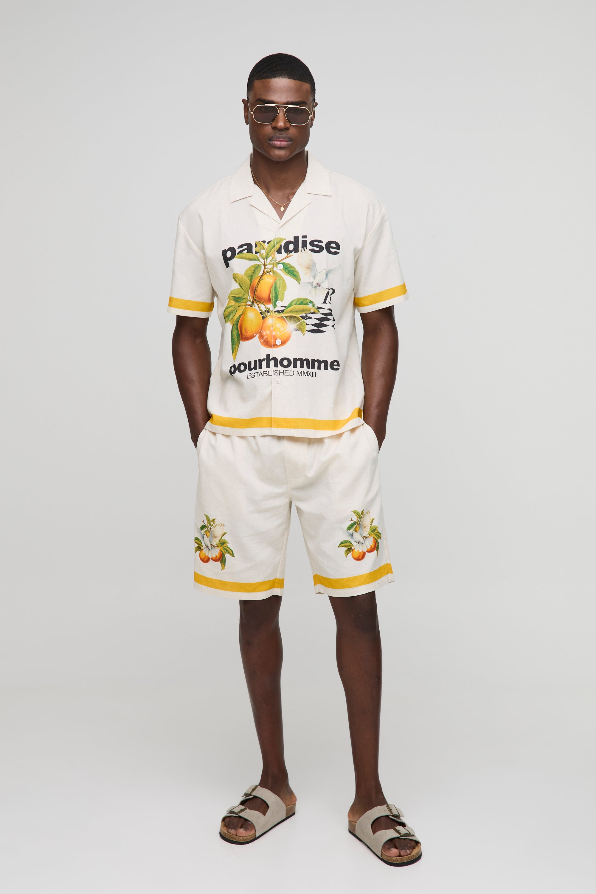 BOOHOOMAN Oversized Paradise Linen Blend Shirt & Short Set