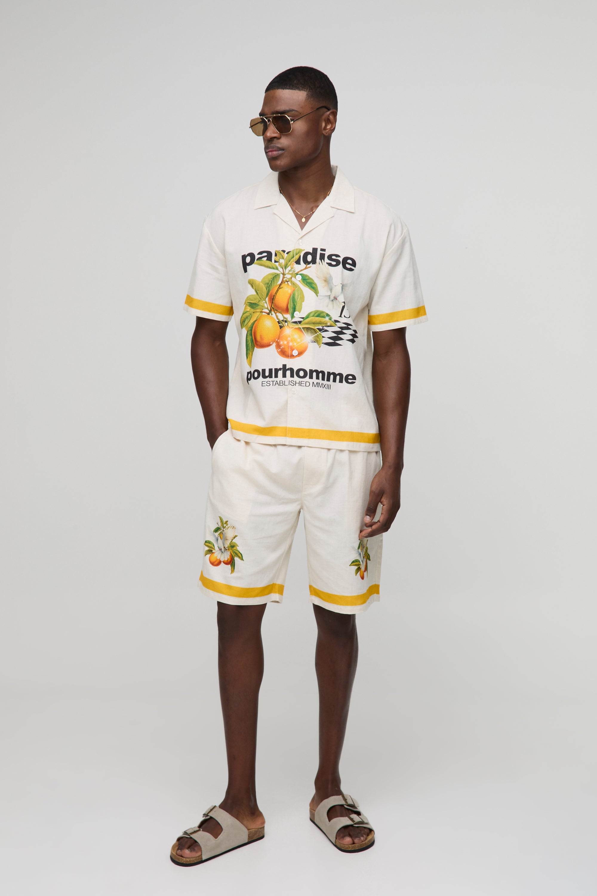 BOOHOOMAN Oversized Paradise Linen Blend Shirt & Short Set
