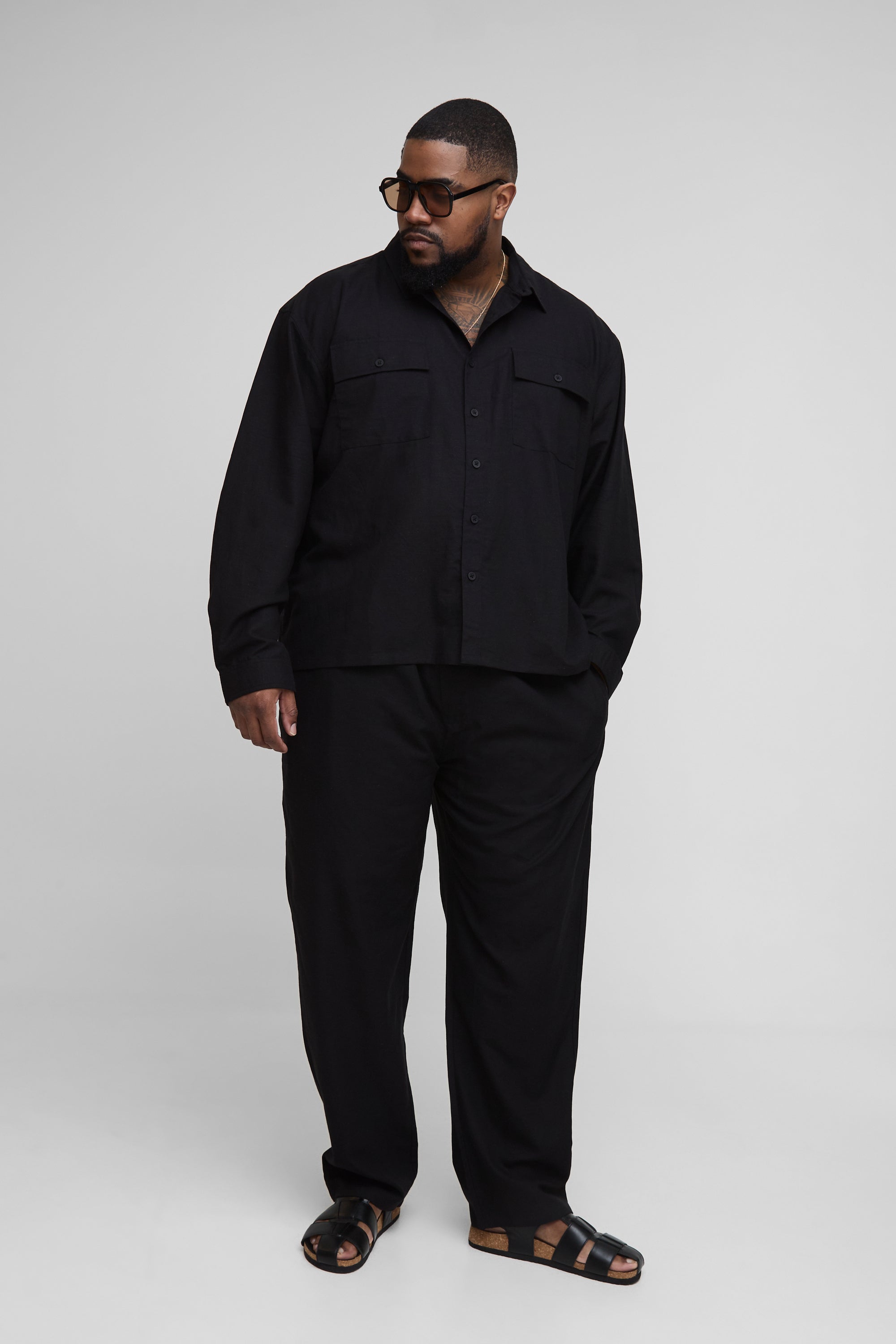 BOOHOOMAN Plus Linen Look Elasticated Waist Straight Leg Trousers