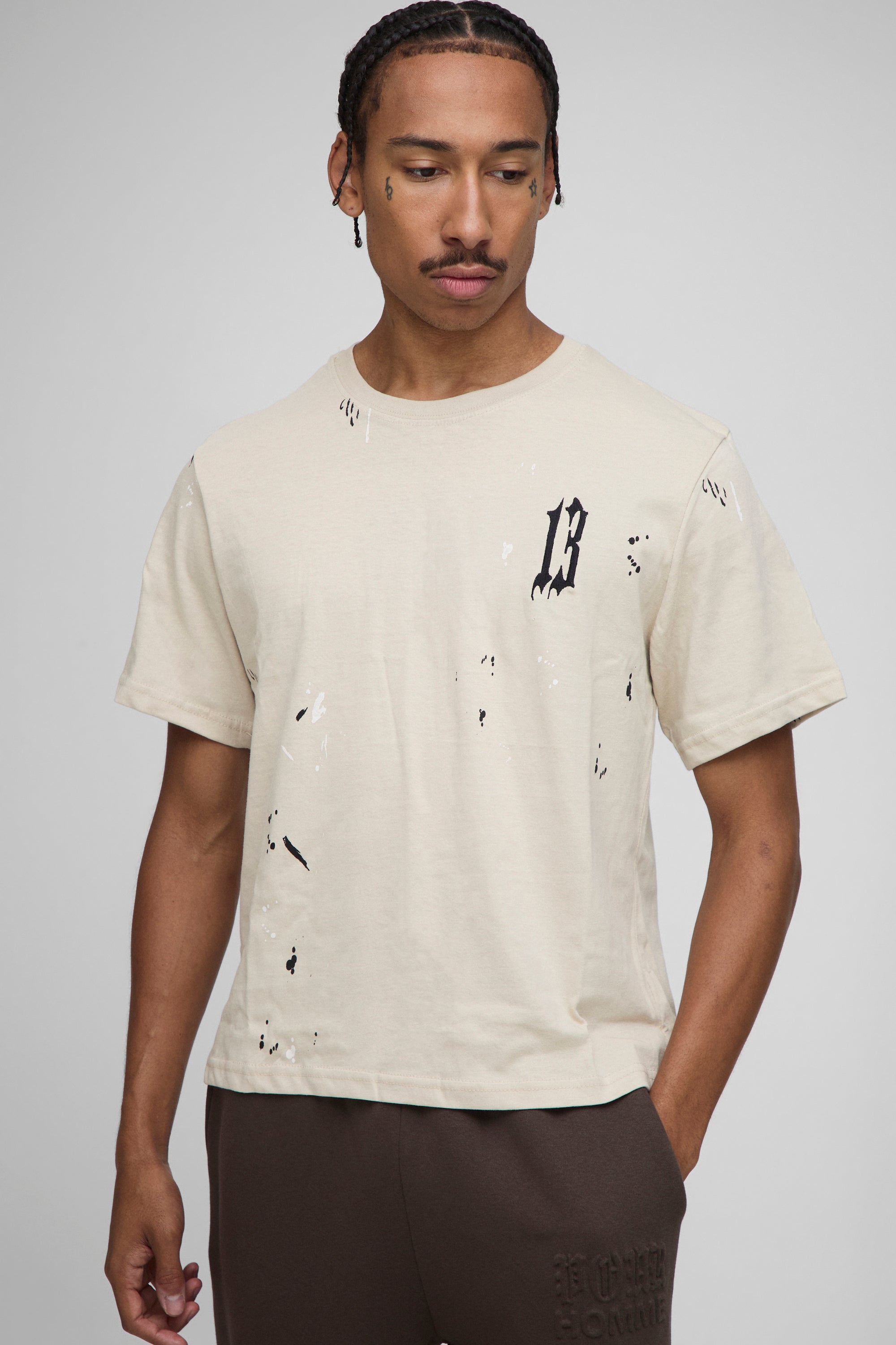 BOOHOOMAN Boxy 13 Embroidered Paint Splatter T-Shirt