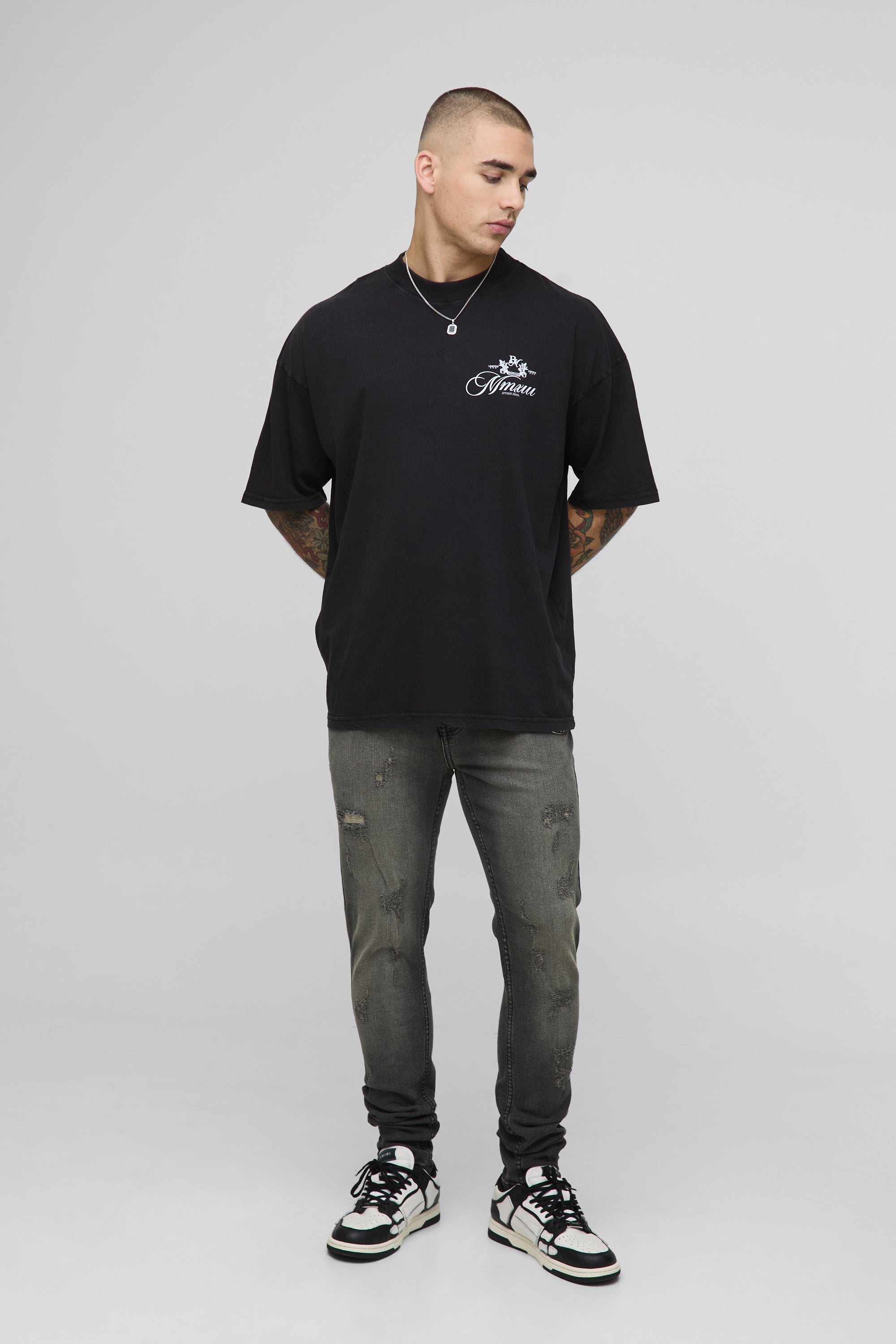 BOOHOOMAN Black Oversized Extended Neck BM Crest T-Shirt