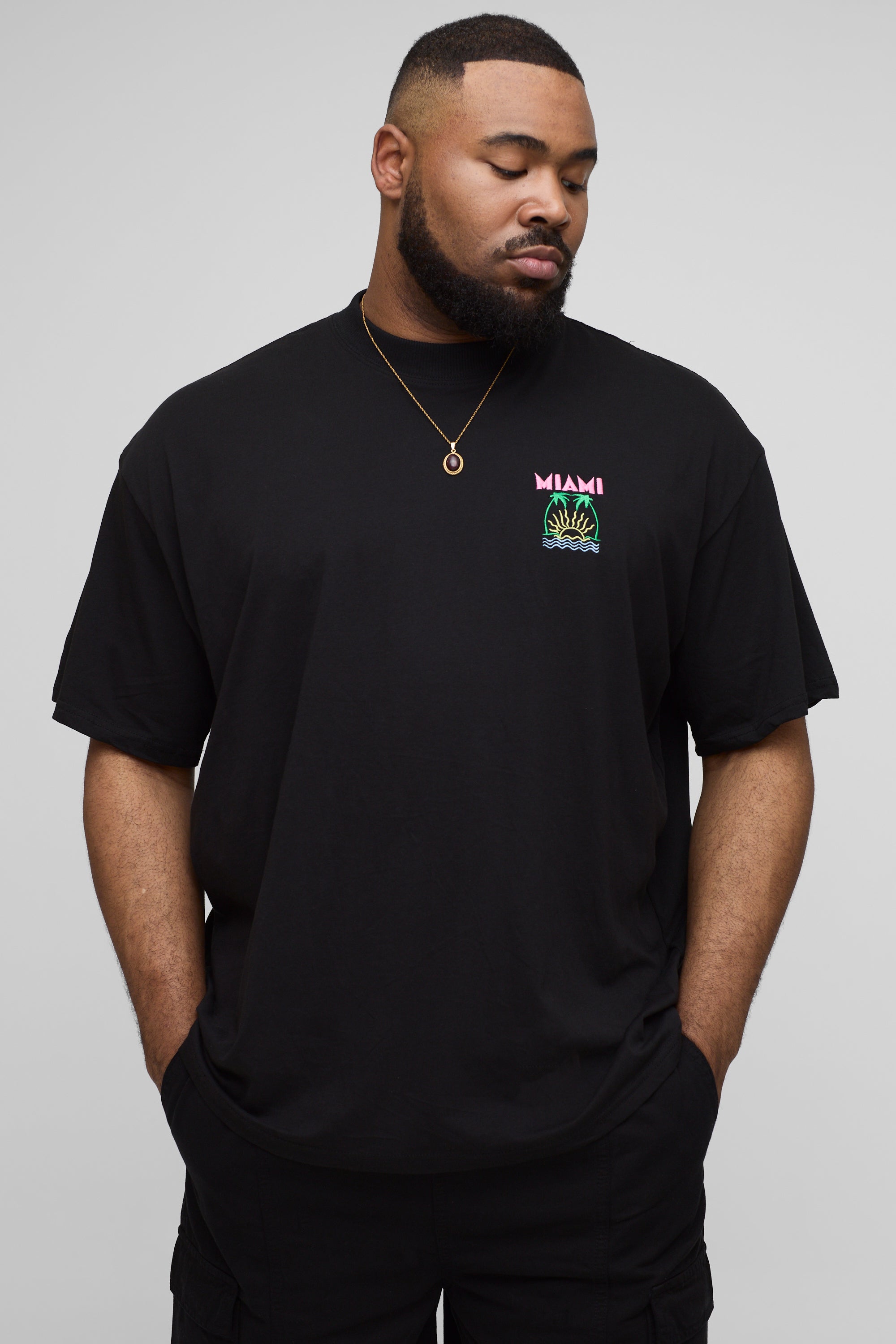 BOOHOOMAN Plus Oversized Extended Neck Embroidered Miami Palm Tree T-Shirt