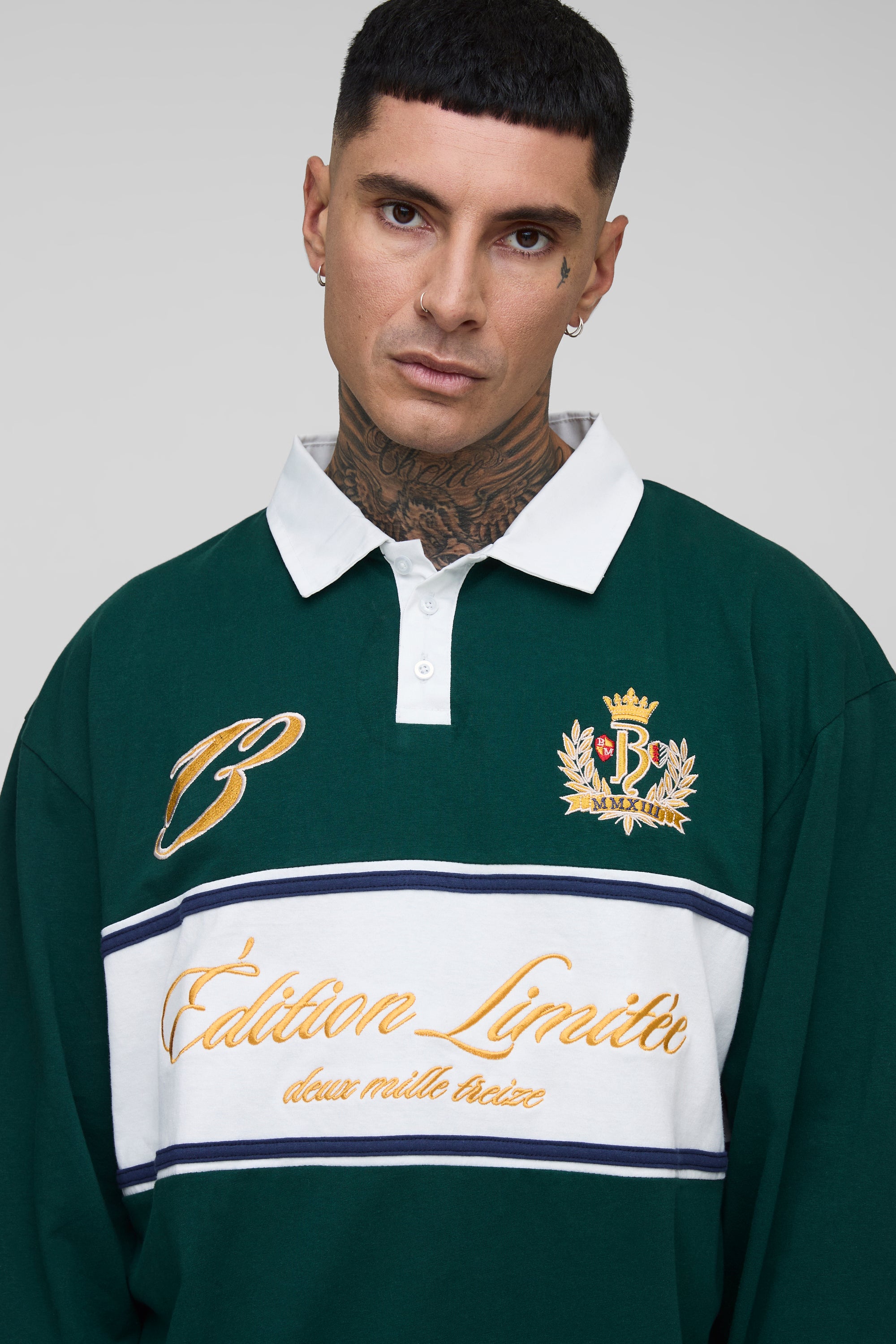BOOHOOMAN Tall Oversized Varsity Embroidered Rugby Polo