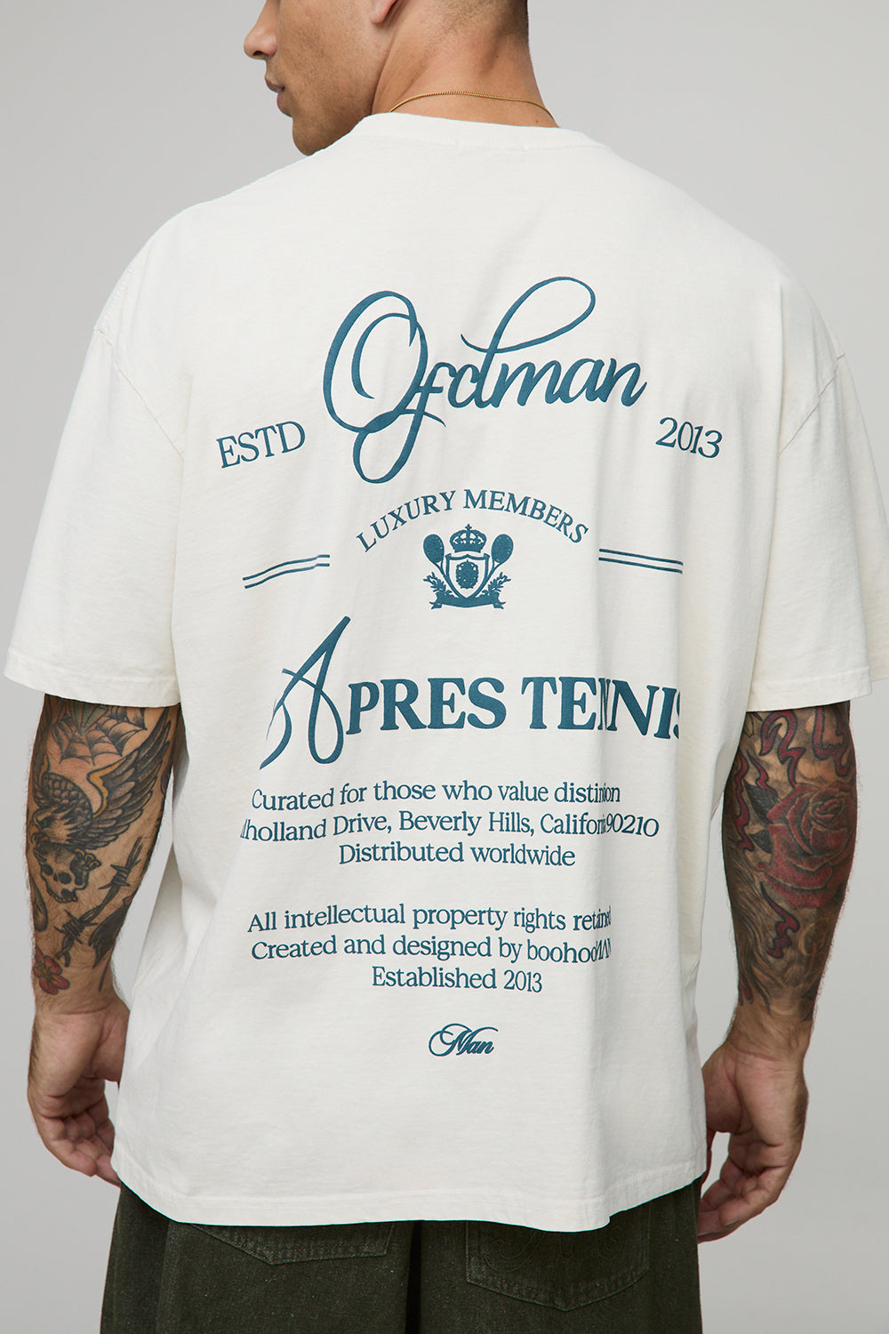 BOOHOOMAN Oversized Ofclman Apres Tennis Puff Print T-Shirt