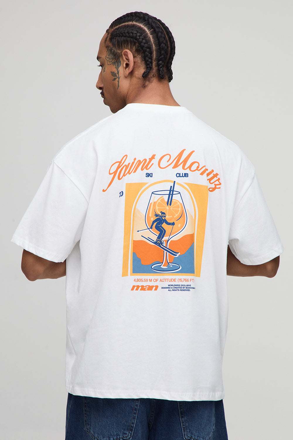 BOOHOOMAN White Oversized Saint Moritz Ski Club Printed T-Shirt