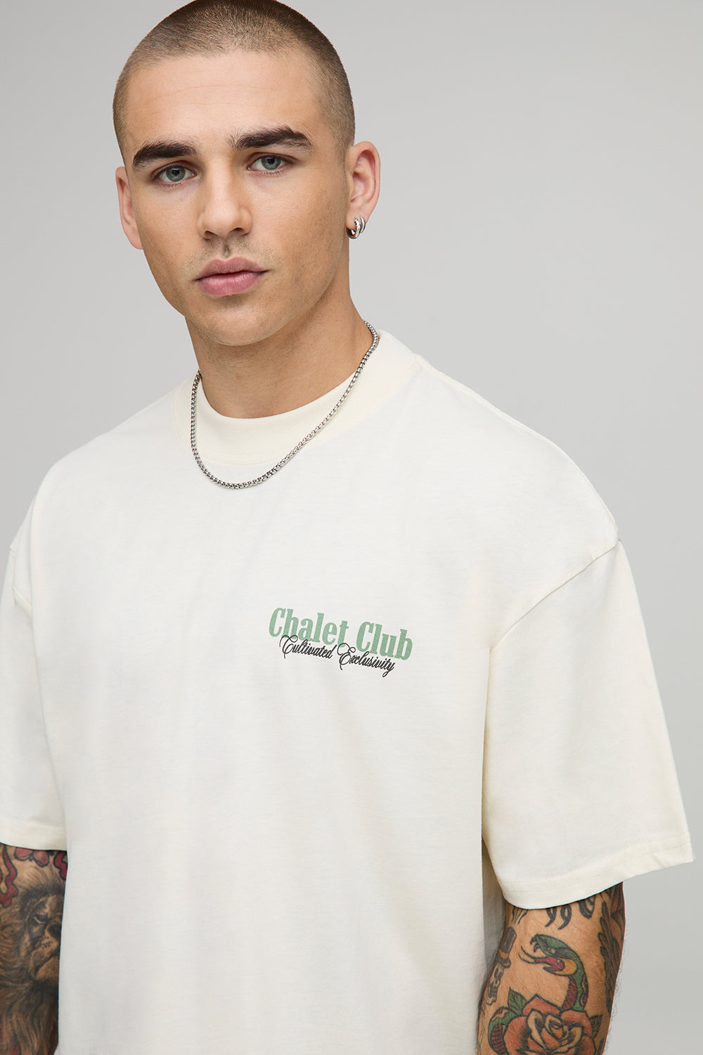 BOOHOOMAN Ecru Oversized Extended Neck Chalet Mountain Alps Landscape T-Shirt