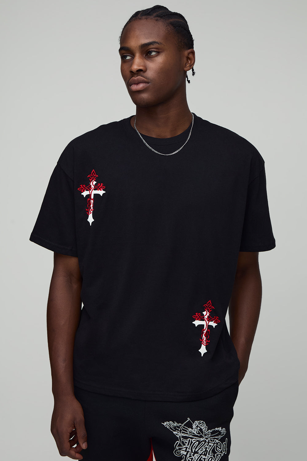 BOOHOOMAN Black Oversized Cross Embroidered Puff Print T-Shirt
