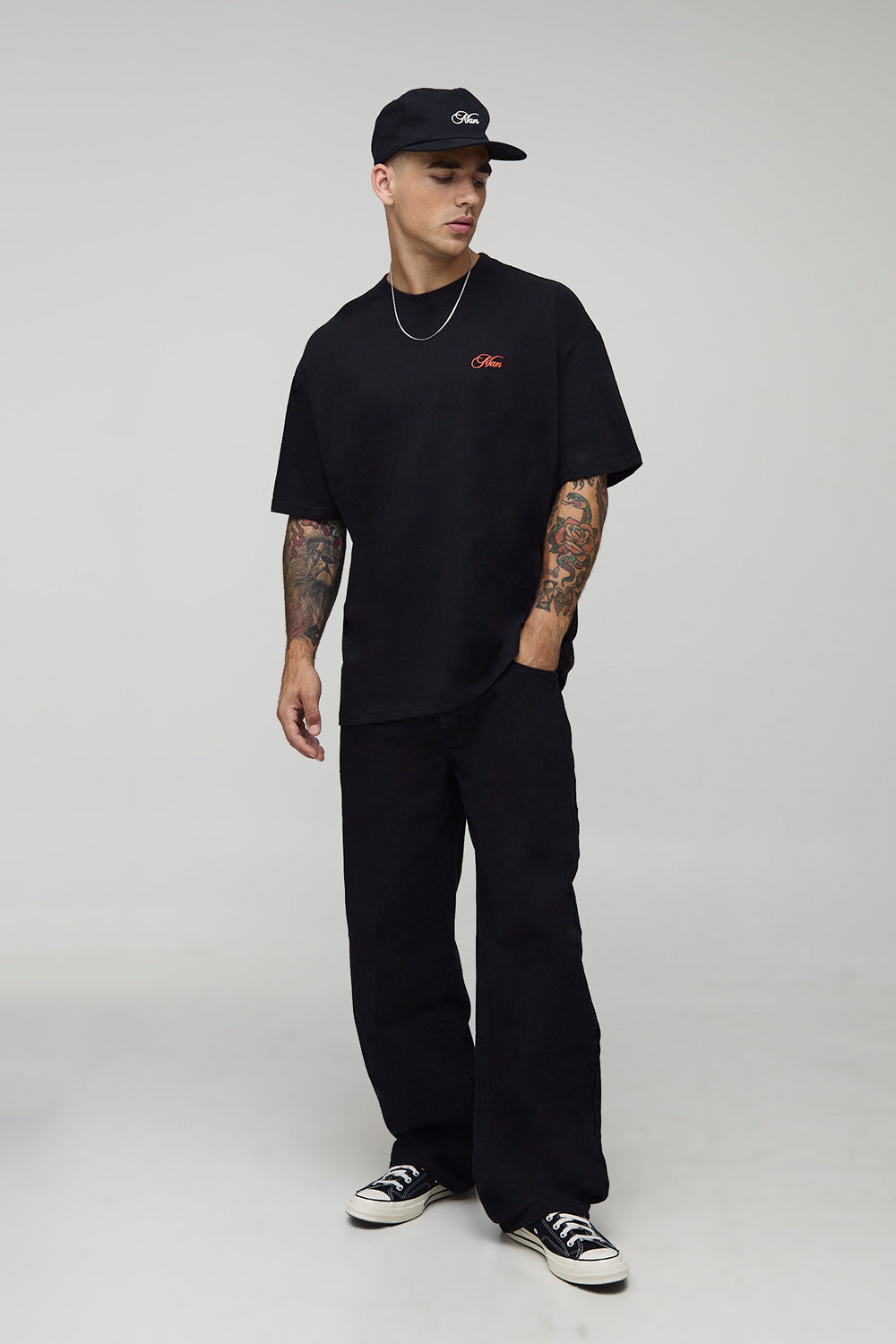 BOOHOOMAN Black Oversized Spritz Printed T-Shirt