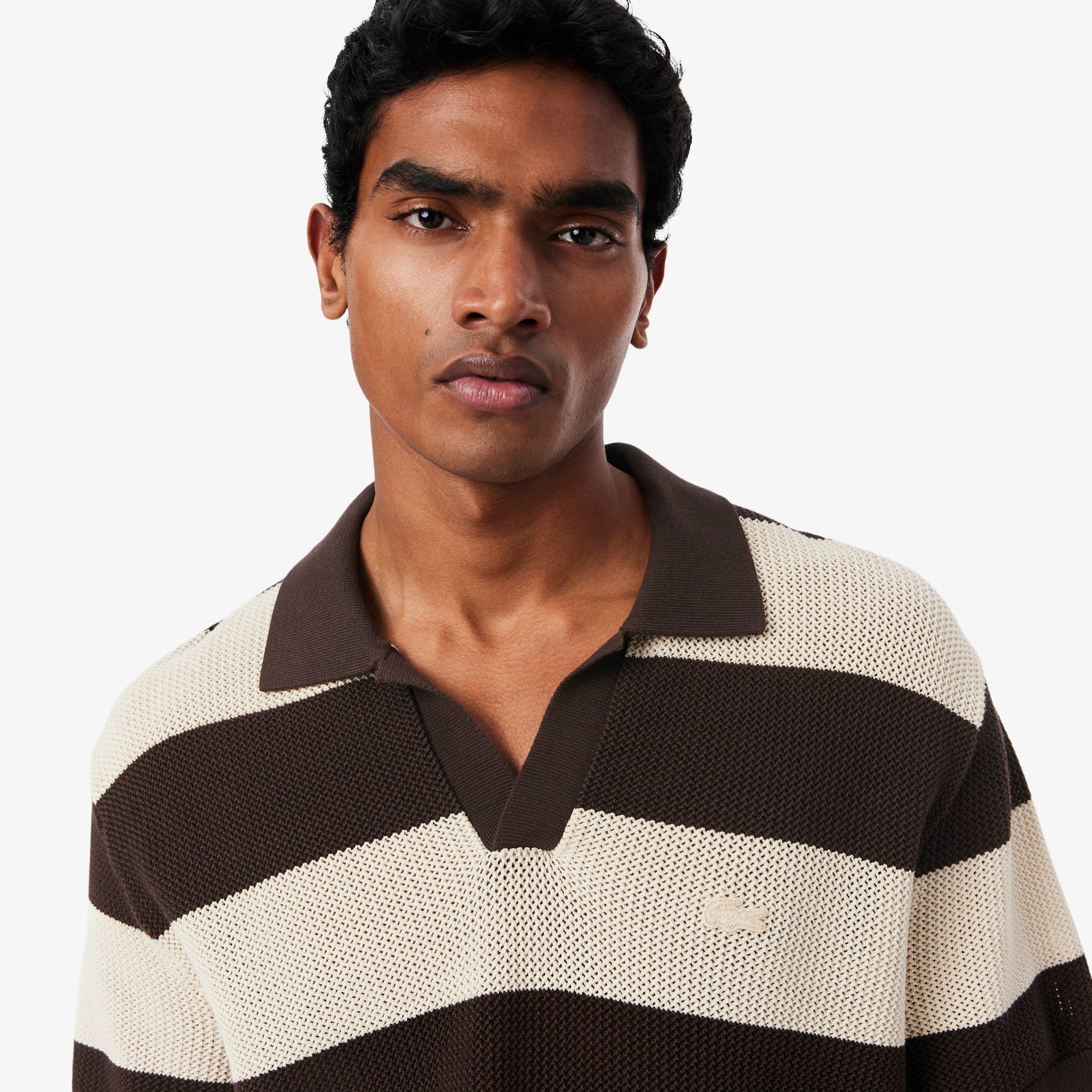 LACOSTE Short Sleeved Striped Polo Collar Sweater