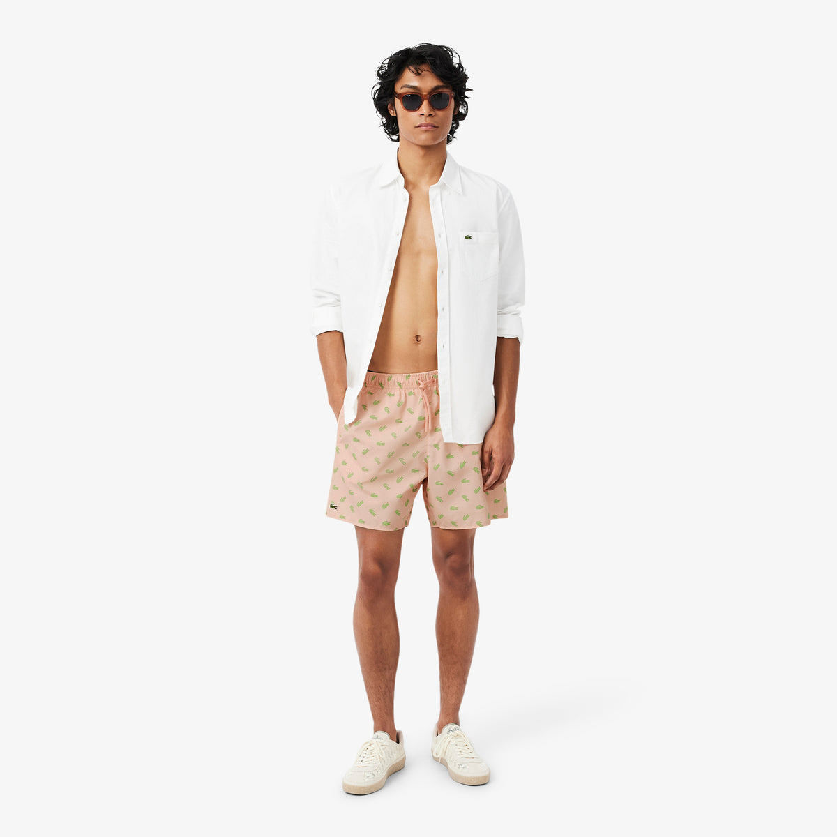LACOSTE Mid Length Crocodile Print Swim Trunks Men