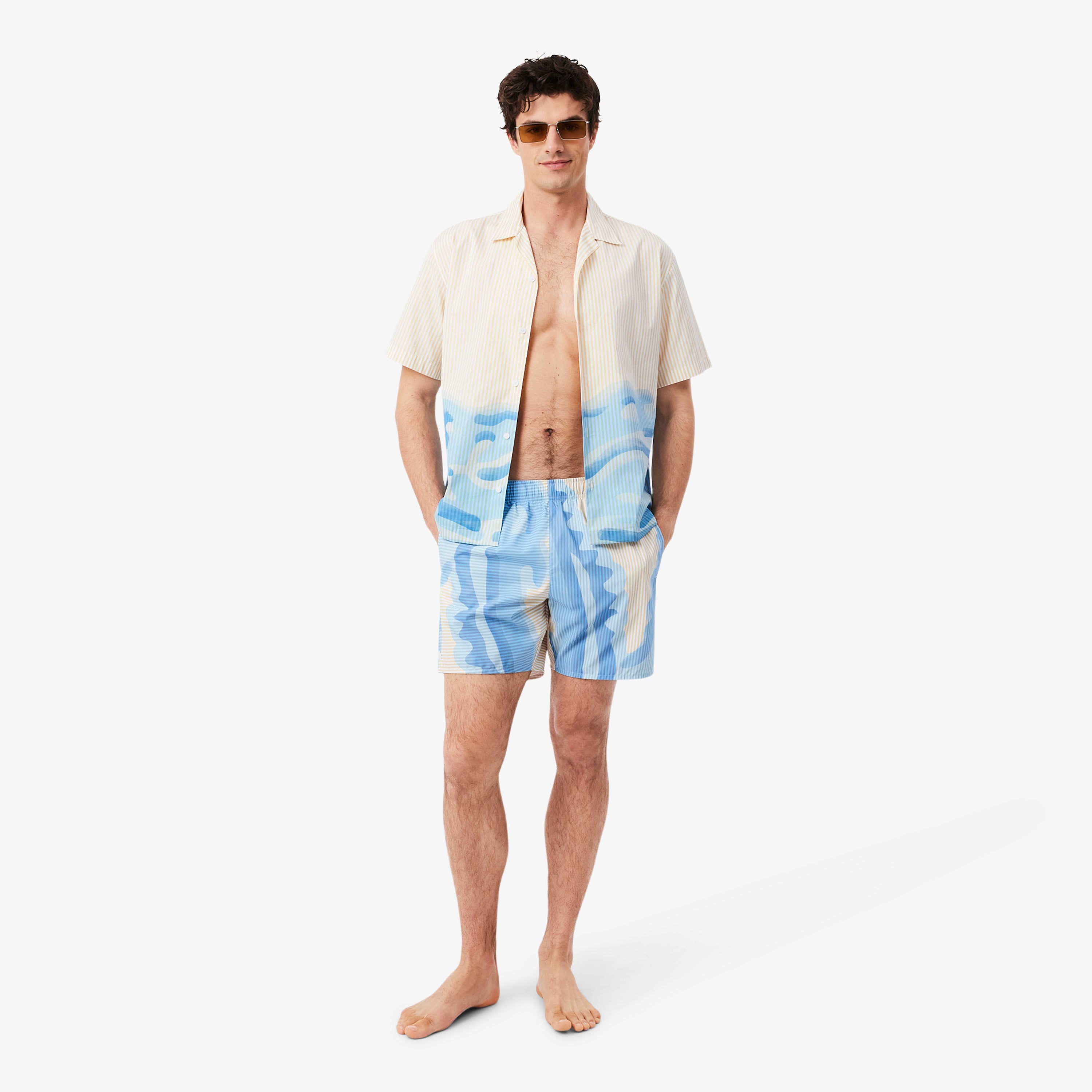LACOSTE Mid Length Striped Swim Trunks