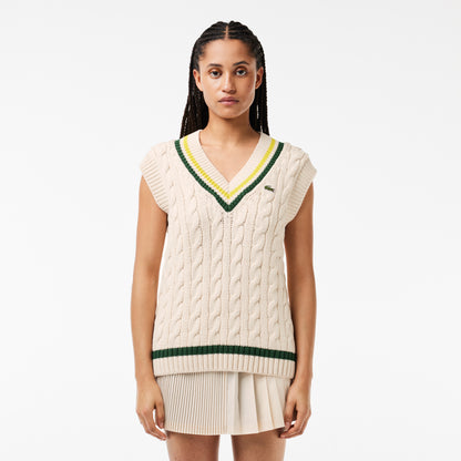 Lacoste Women's Sleeveless Cable Knit Cotton V-neck Sweater