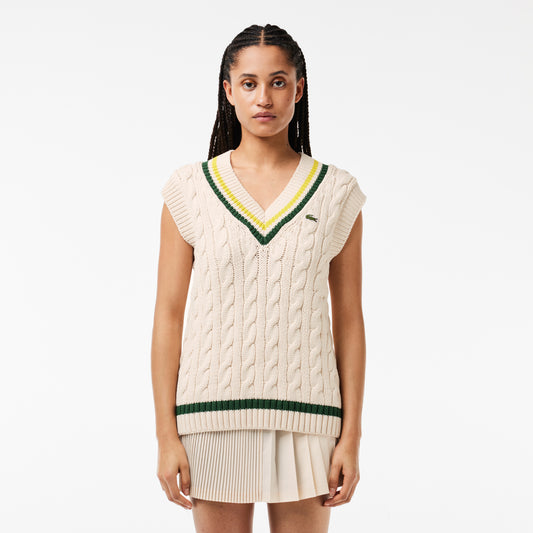 Lacoste Women's Sleeveless Cable Knit Cotton V-neck Sweater