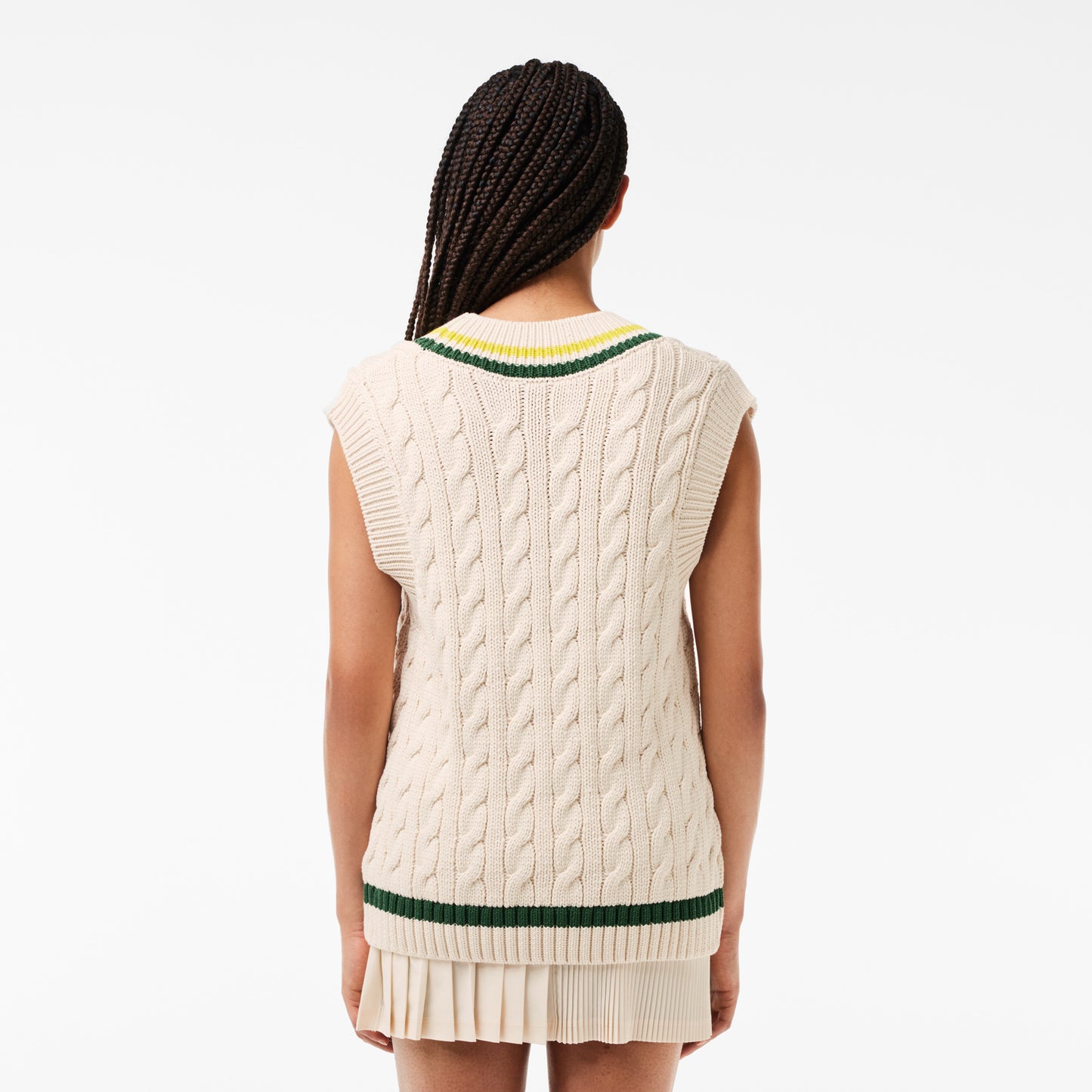 Lacoste Women's Sleeveless Cable Knit Cotton V-neck Sweater