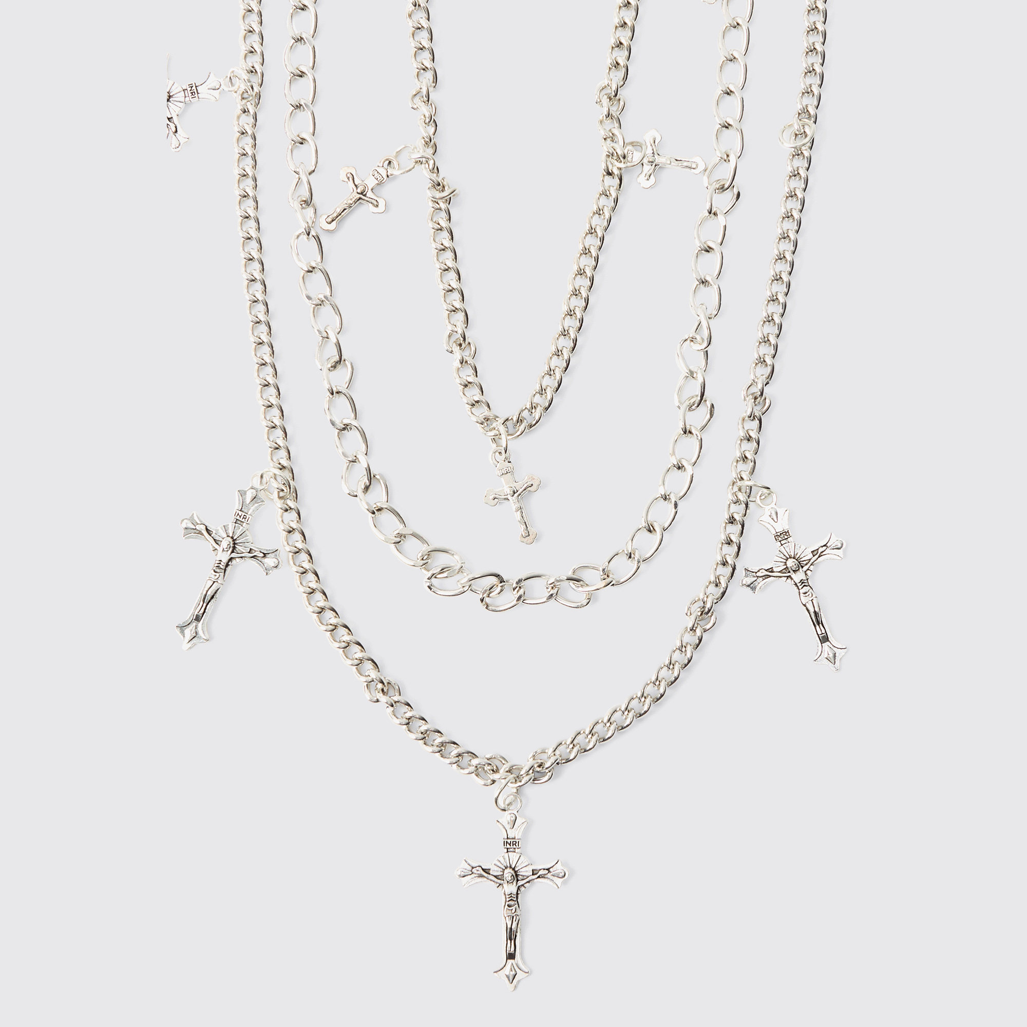 BOOHOOMAN Layered Cross Jean Chain In Silver