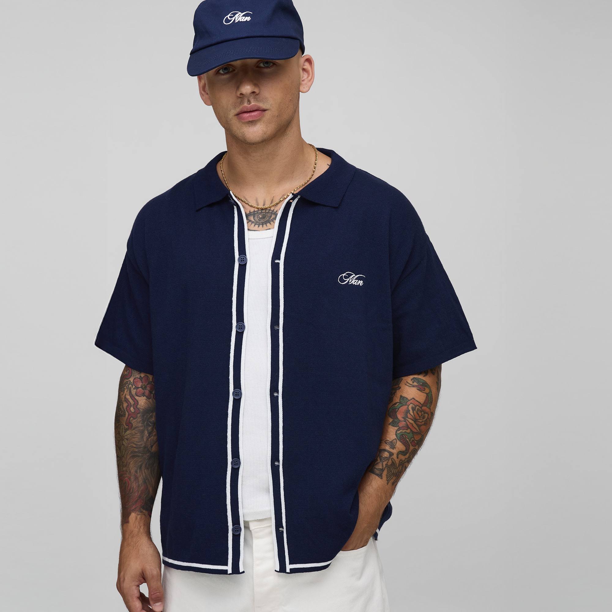 BOOHOOMAN Man Embroided Boxy Fit Border Knitted Shirt