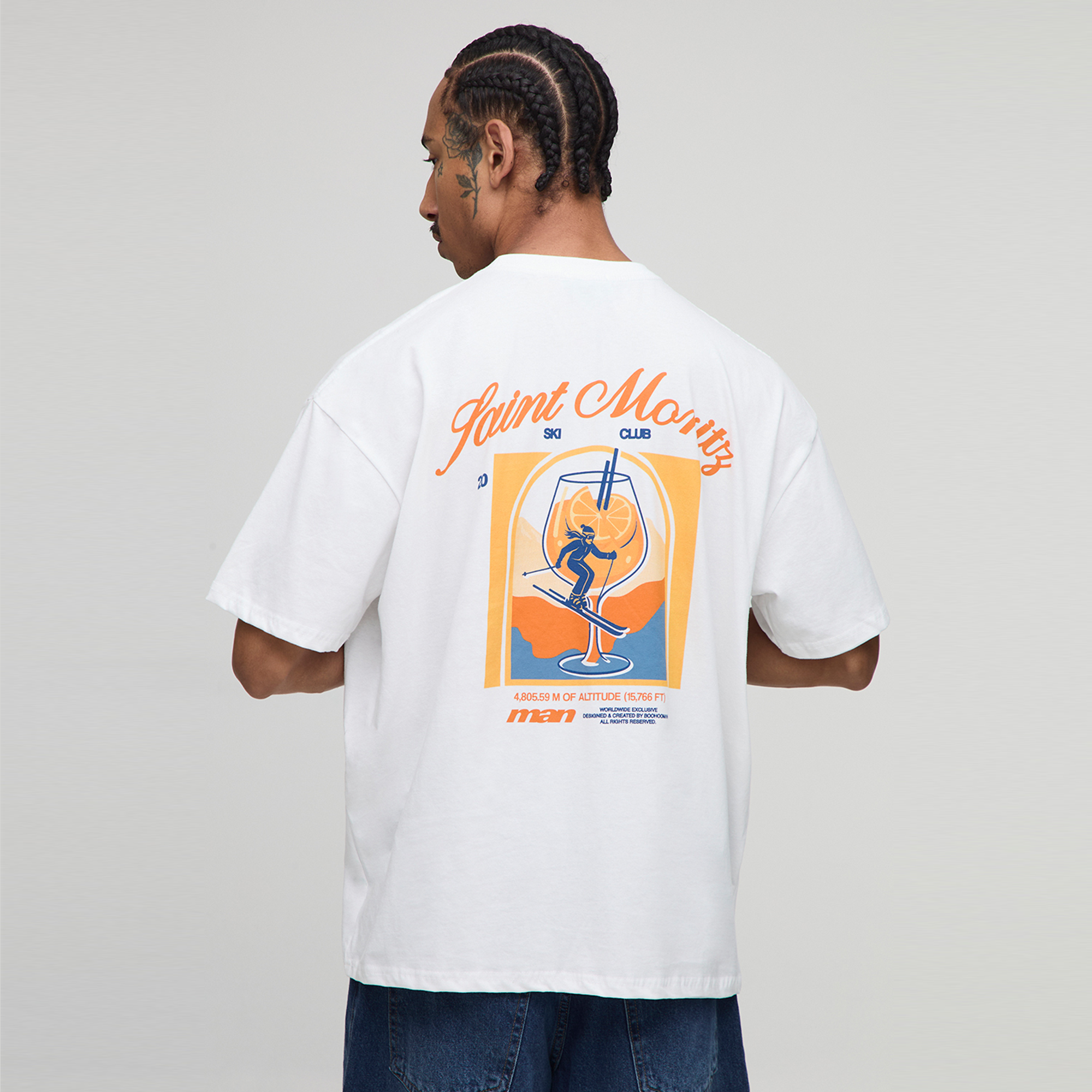 BOOHOOMAN White Oversized Saint Moritz Ski Club Printed T-Shirt