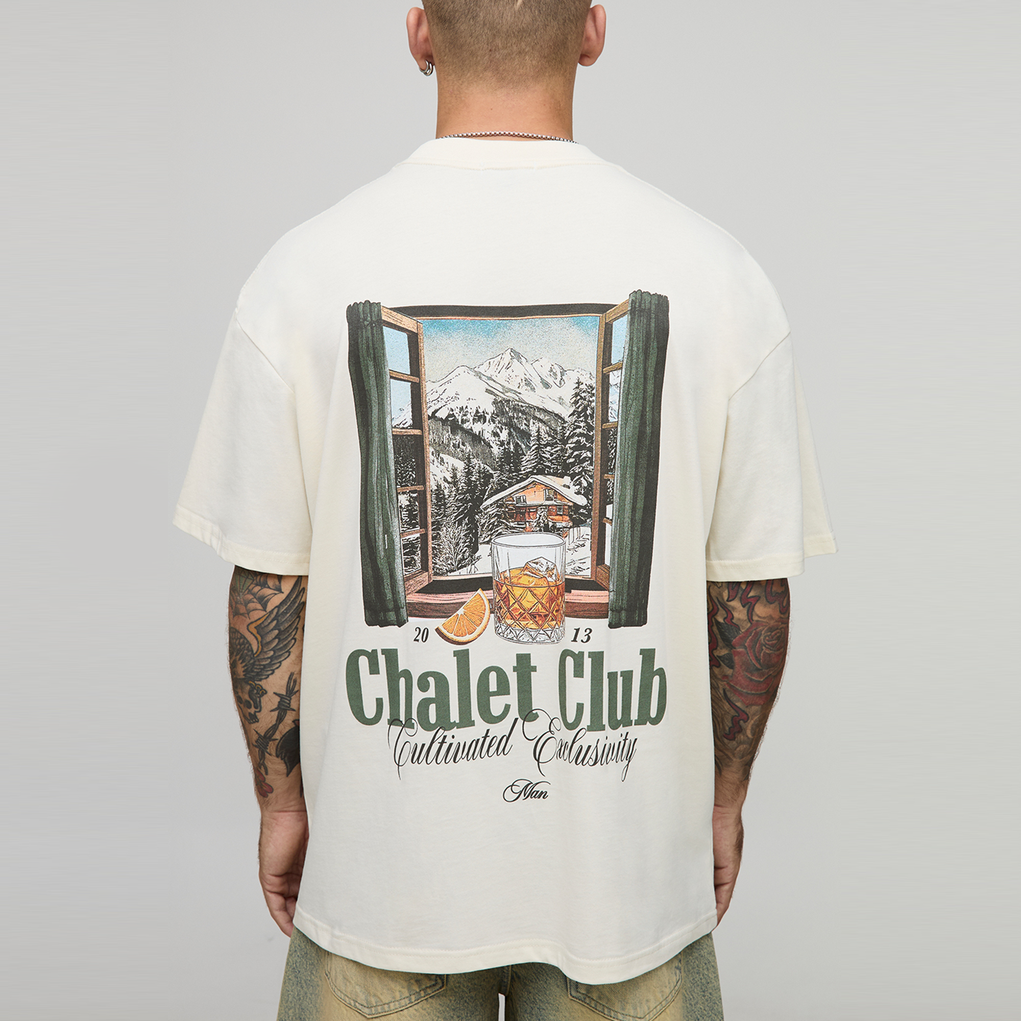 BOOHOOMAN Ecru Oversized Extended Neck Chalet Mountain Alps Landscape T-Shirt