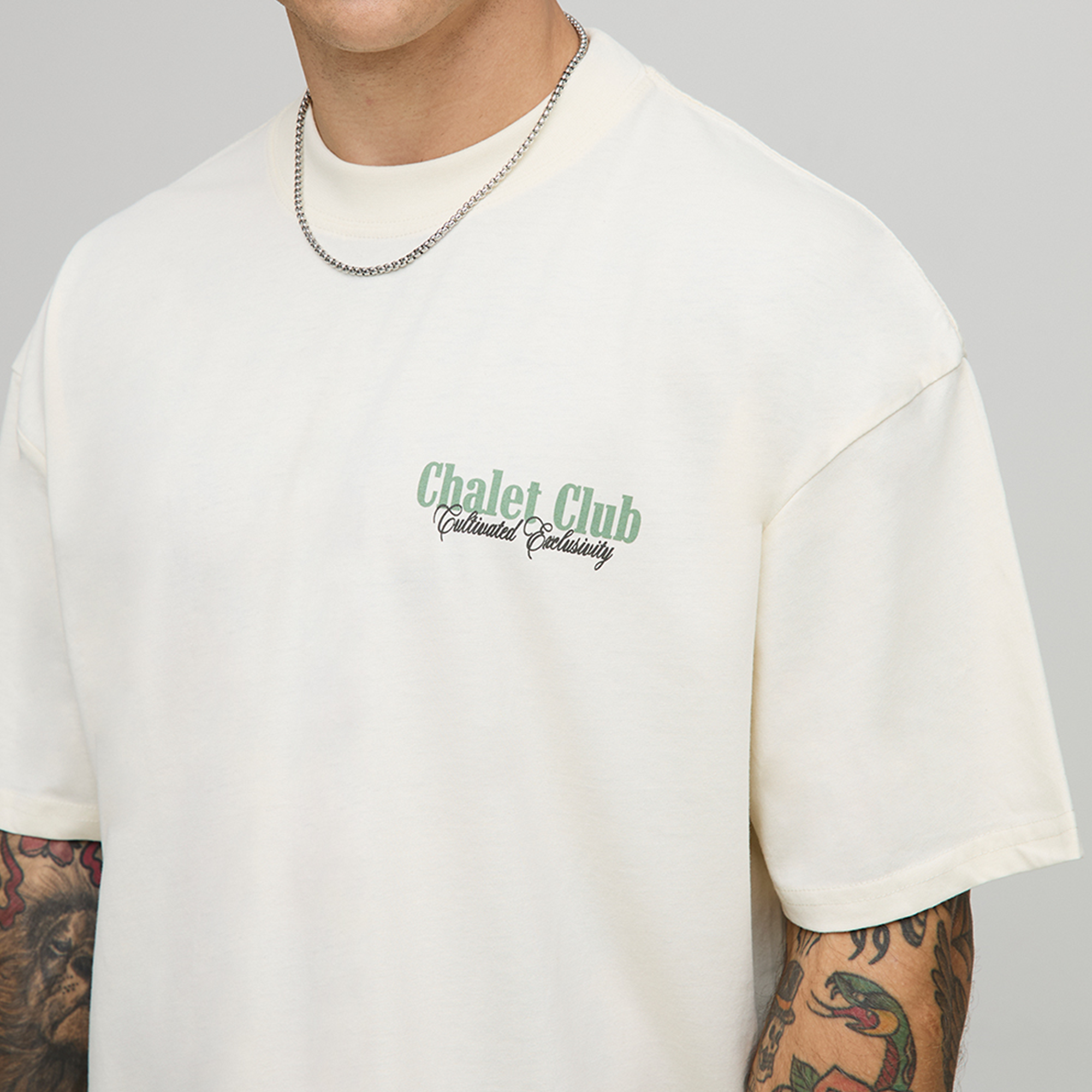 BOOHOOMAN Ecru Oversized Extended Neck Chalet Mountain Alps Landscape T-Shirt