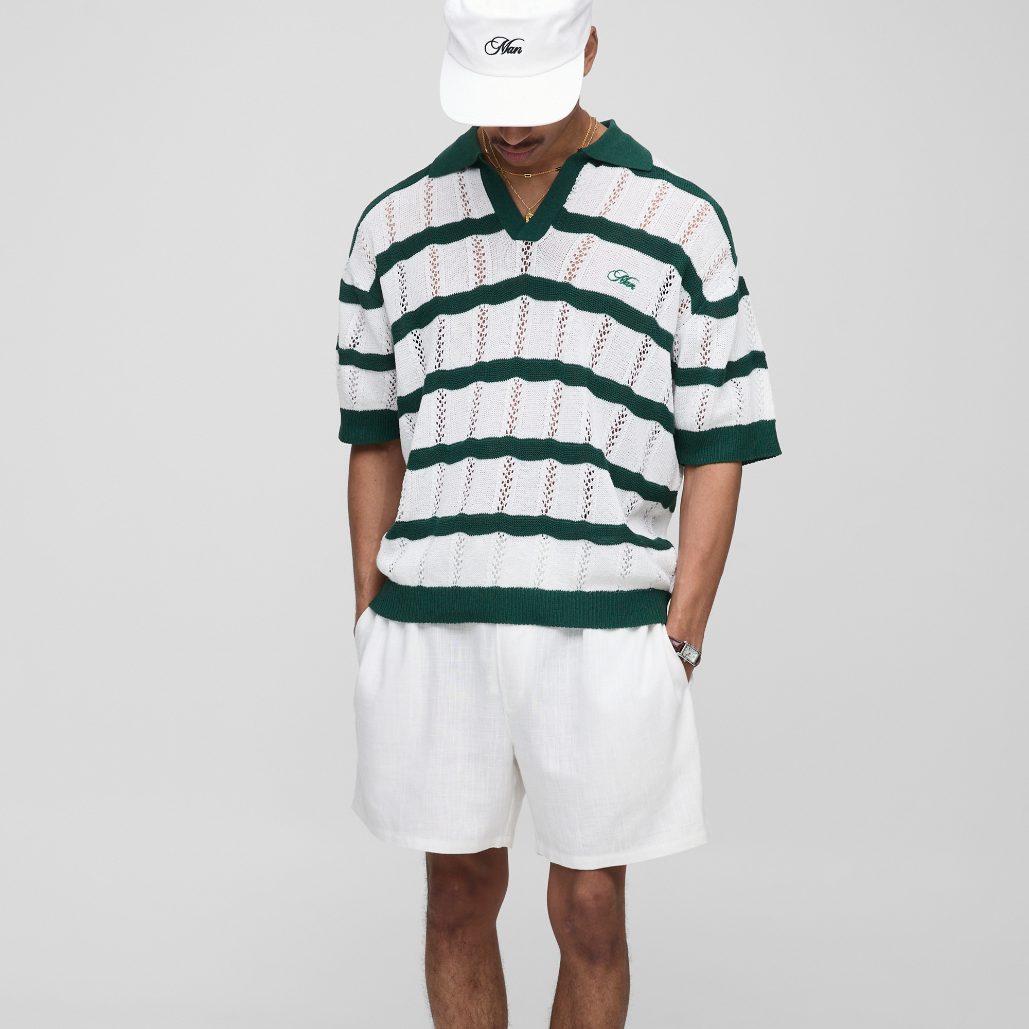 BOOHOOMAN Half & Half Waistband Relaxed Fit Linen Blend Shorts