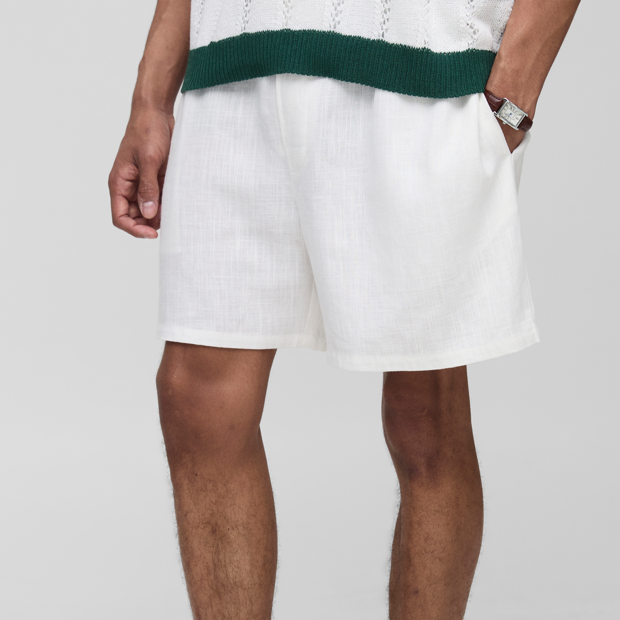 BOOHOOMAN Half & Half Waistband Relaxed Fit Linen Blend Shorts