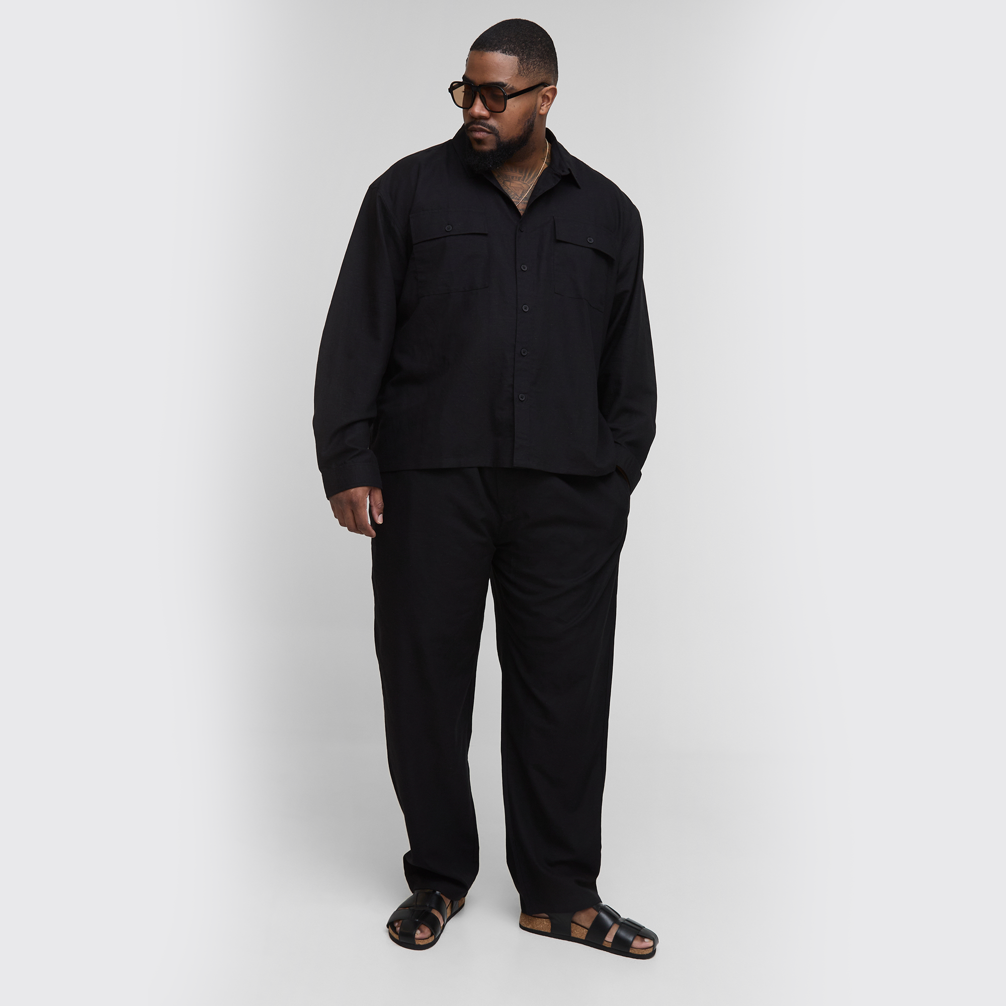 BOOHOOMAN Plus Linen Look Elasticated Waist Straight Leg Trousers