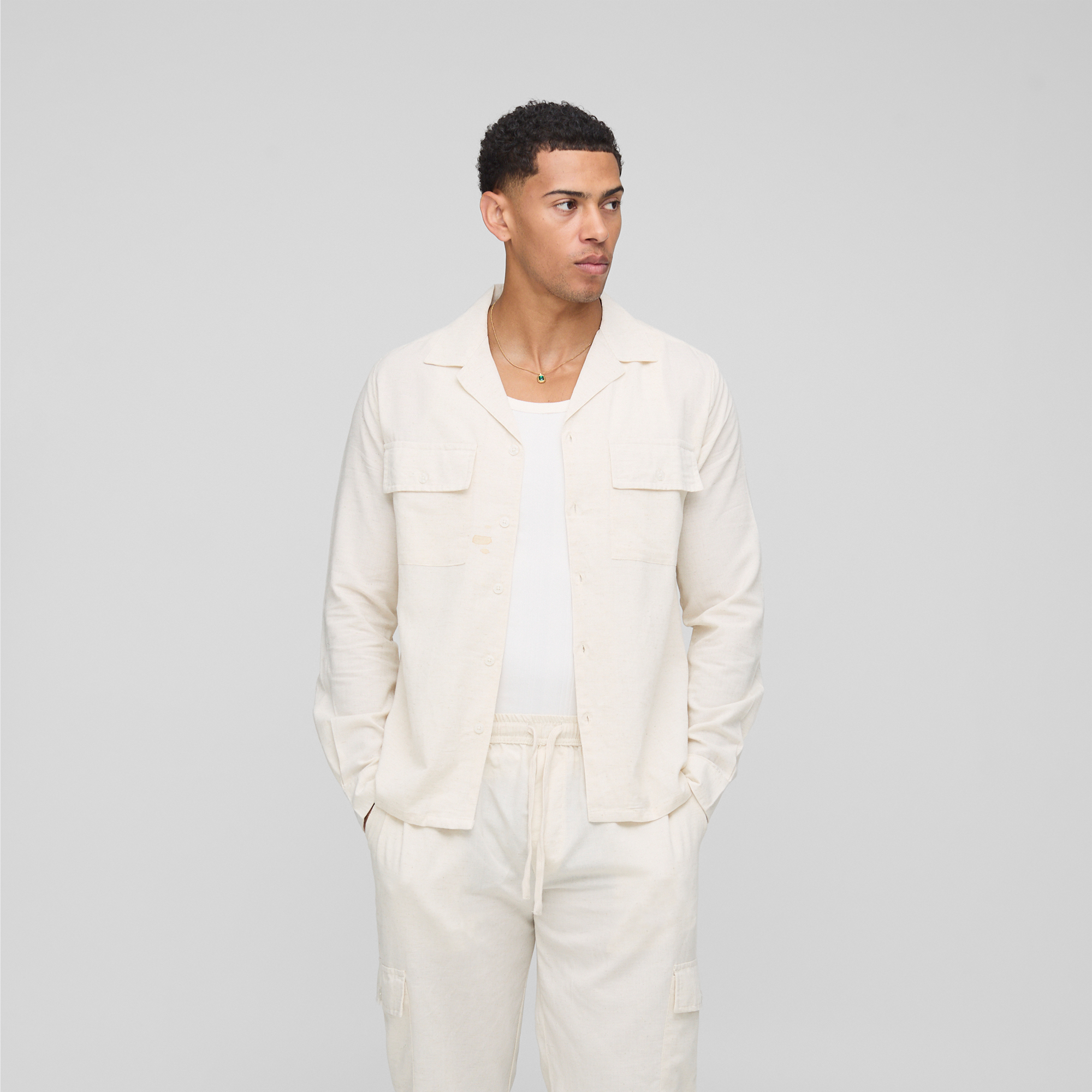 BOOHOOMAN Long Sleeve Linen Blend Cargo Shirt & Trouser