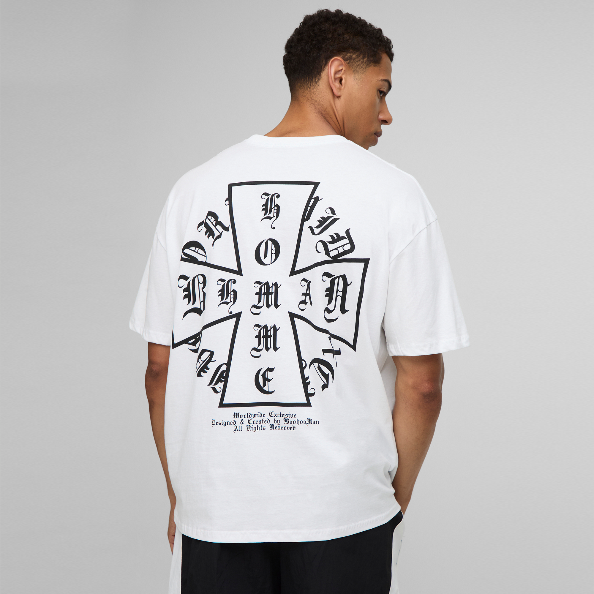BOOHOOMAN White Oversized Homme Cross Printed T-Shirt