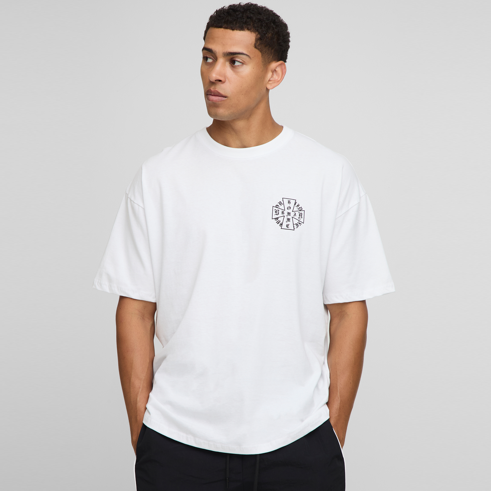 BOOHOOMAN White Oversized Homme Cross Printed T-Shirt