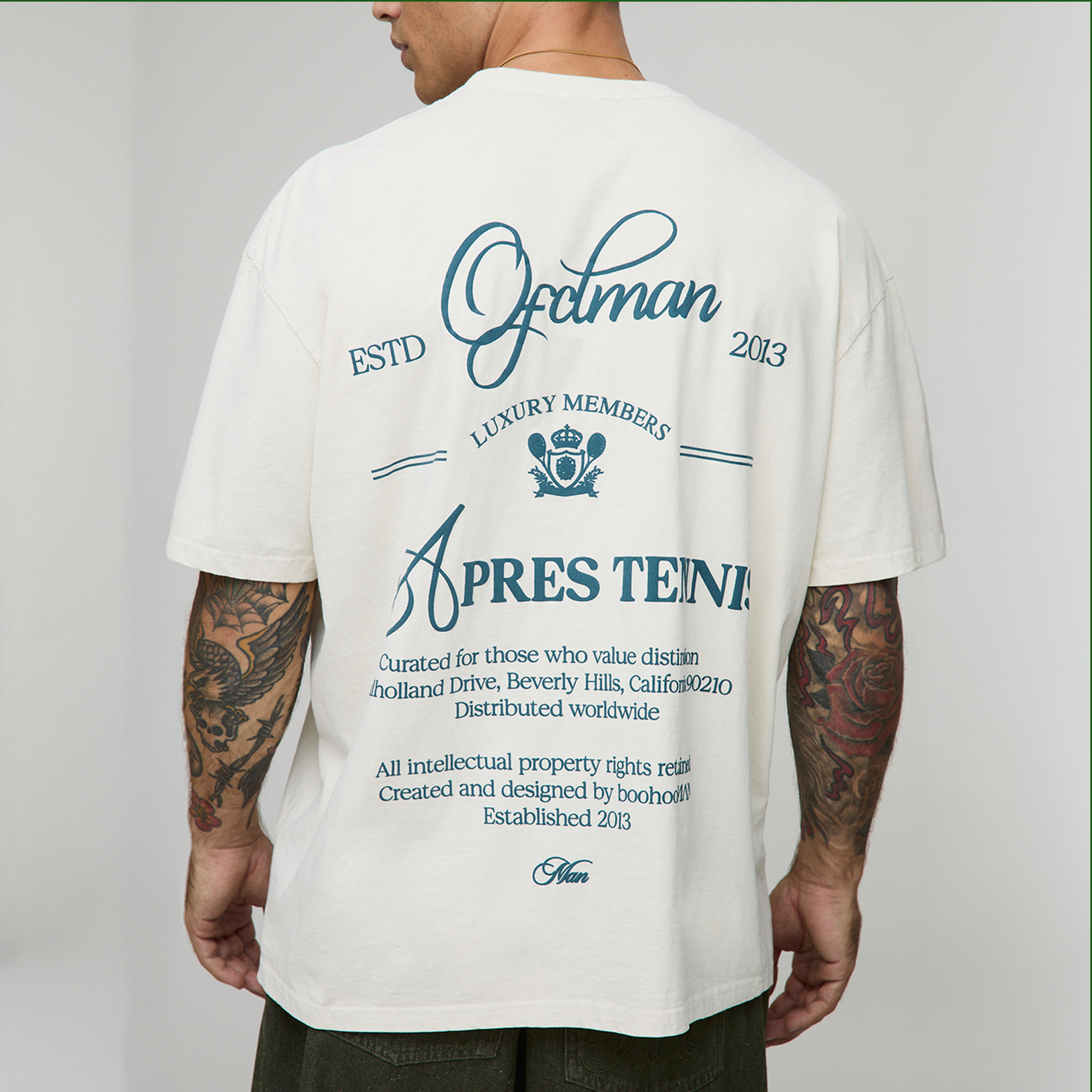 BOOHOOMAN Oversized Ofclman Apres Tennis Puff Print T-Shirt