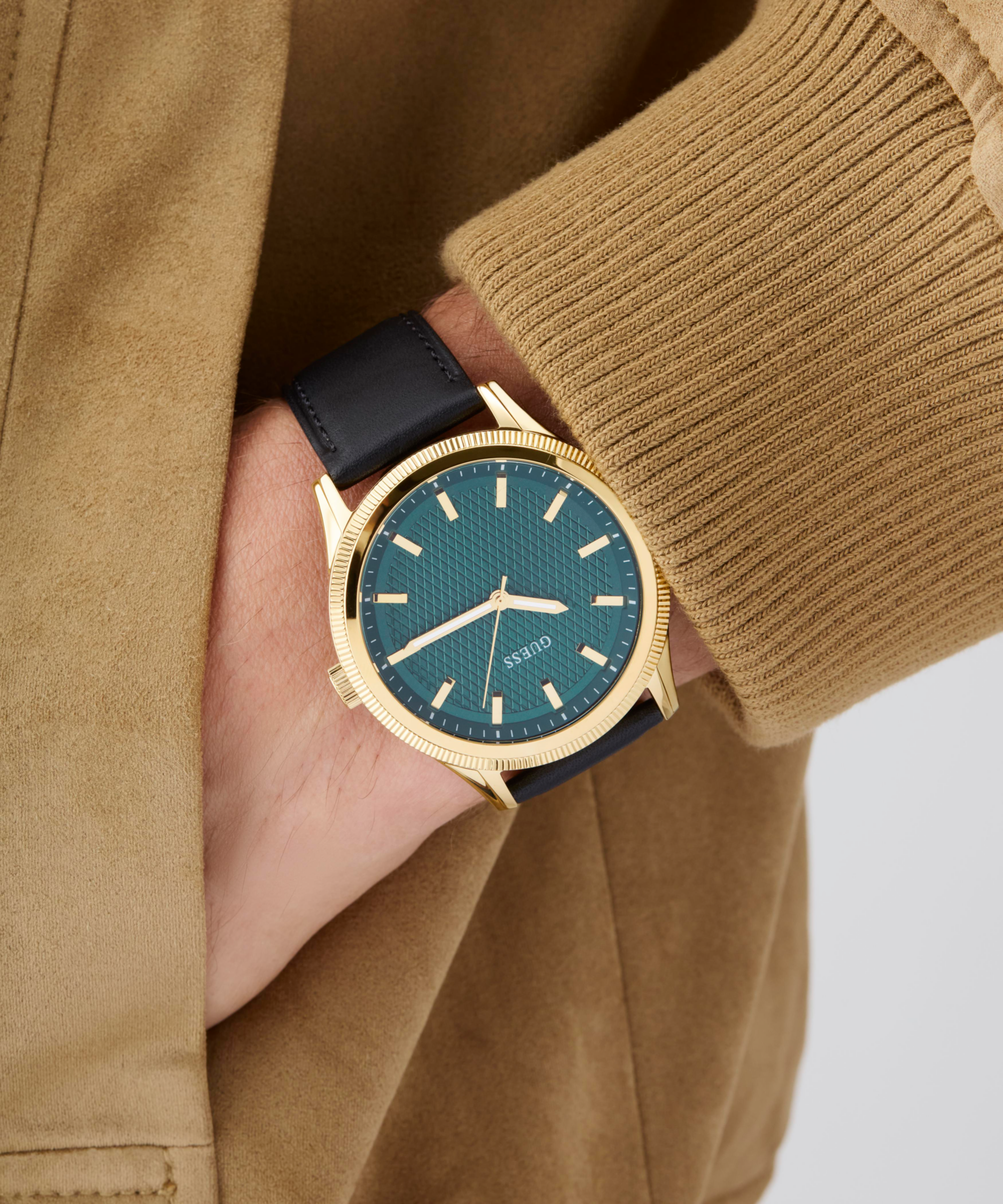 GUESS Mens Black Gold Tone Analog Watch